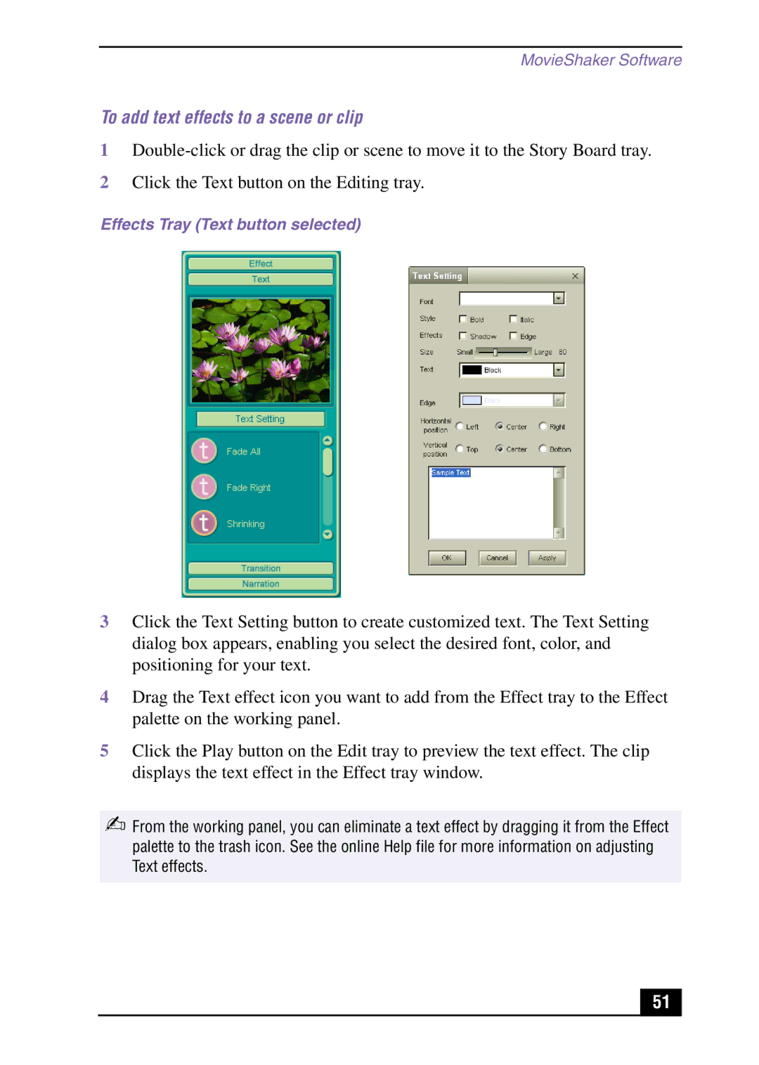 Sony Slimtop Computer manual To add text effects to a scene or clip, Effects Tray Text button selected 