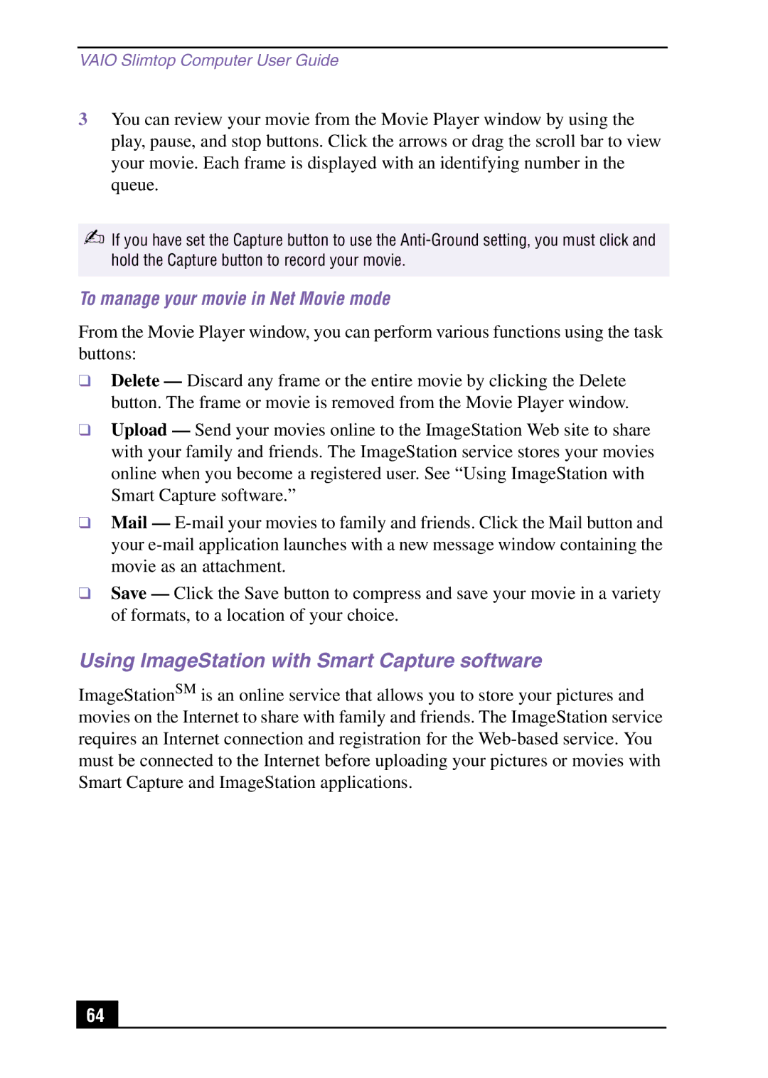 Sony Slimtop Computer manual Using ImageStation with Smart Capture software, To manage your movie in Net Movie mode 