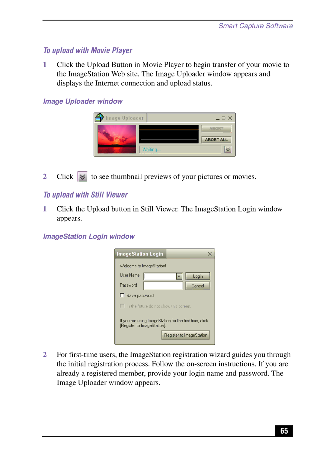 Sony Slimtop Computer manual To upload with Movie Player, To upload with Still Viewer 