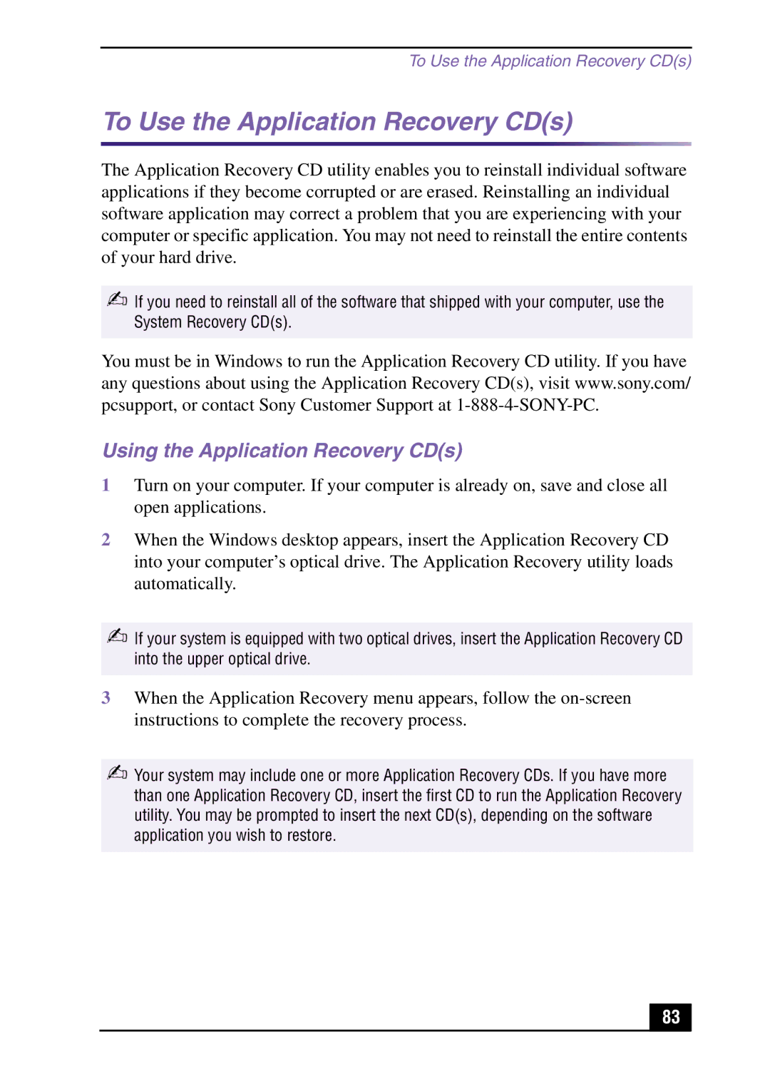 Sony Slimtop Computer manual To Use the Application Recovery CDs, Using the Application Recovery CDs 