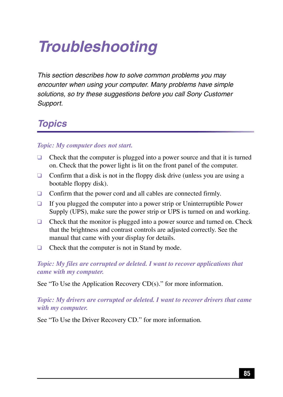 Sony Slimtop Computer manual Troubleshooting, Topics 