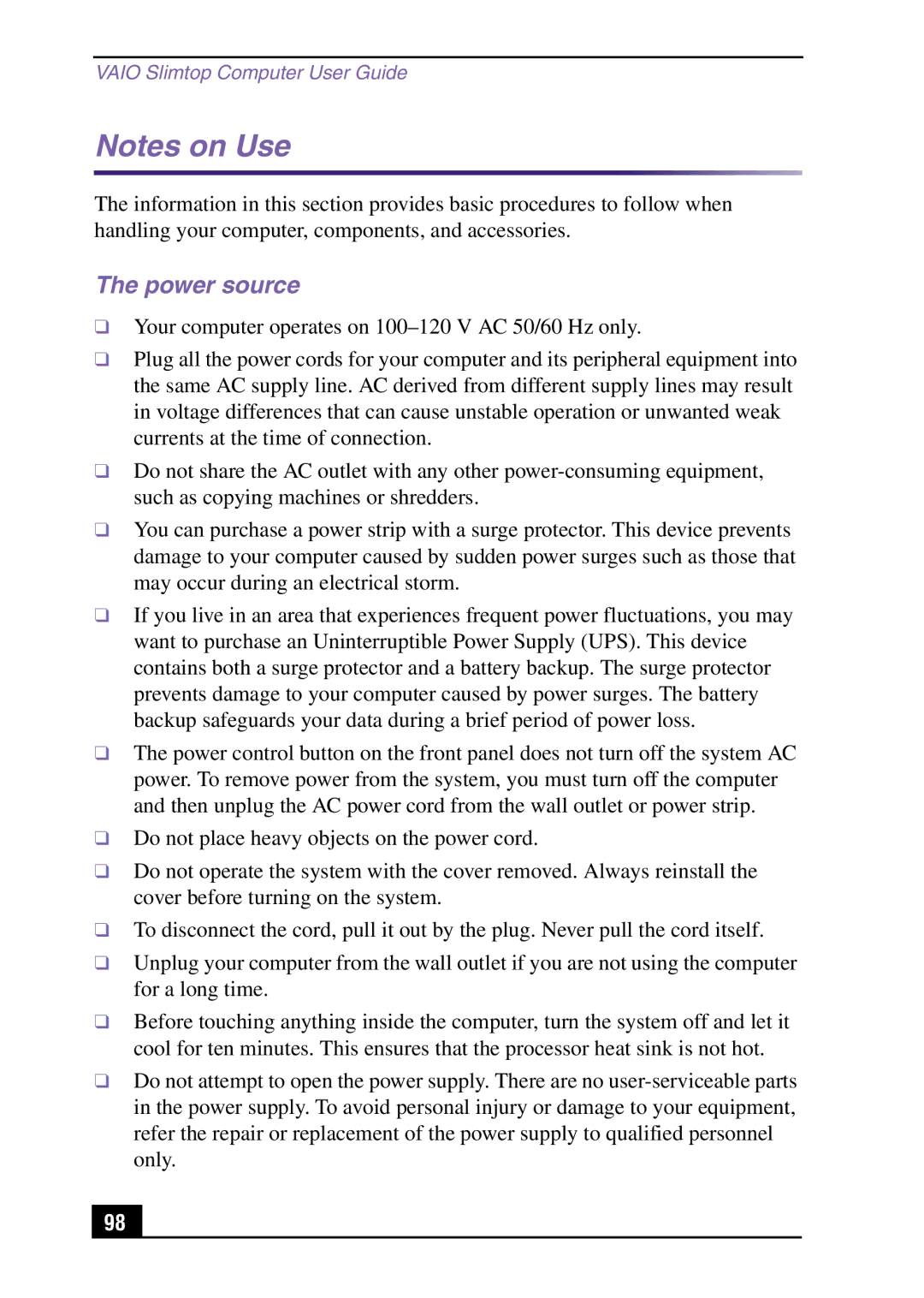 Sony Slimtop Computer manual Power source 