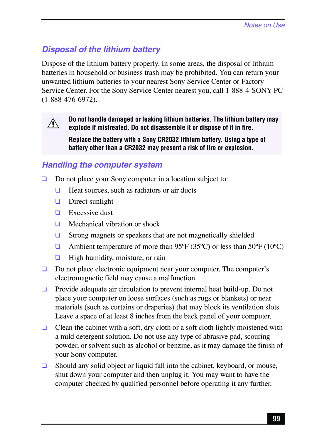 Sony Slimtop Computer manual Disposal of the lithium battery, Handling the computer system 