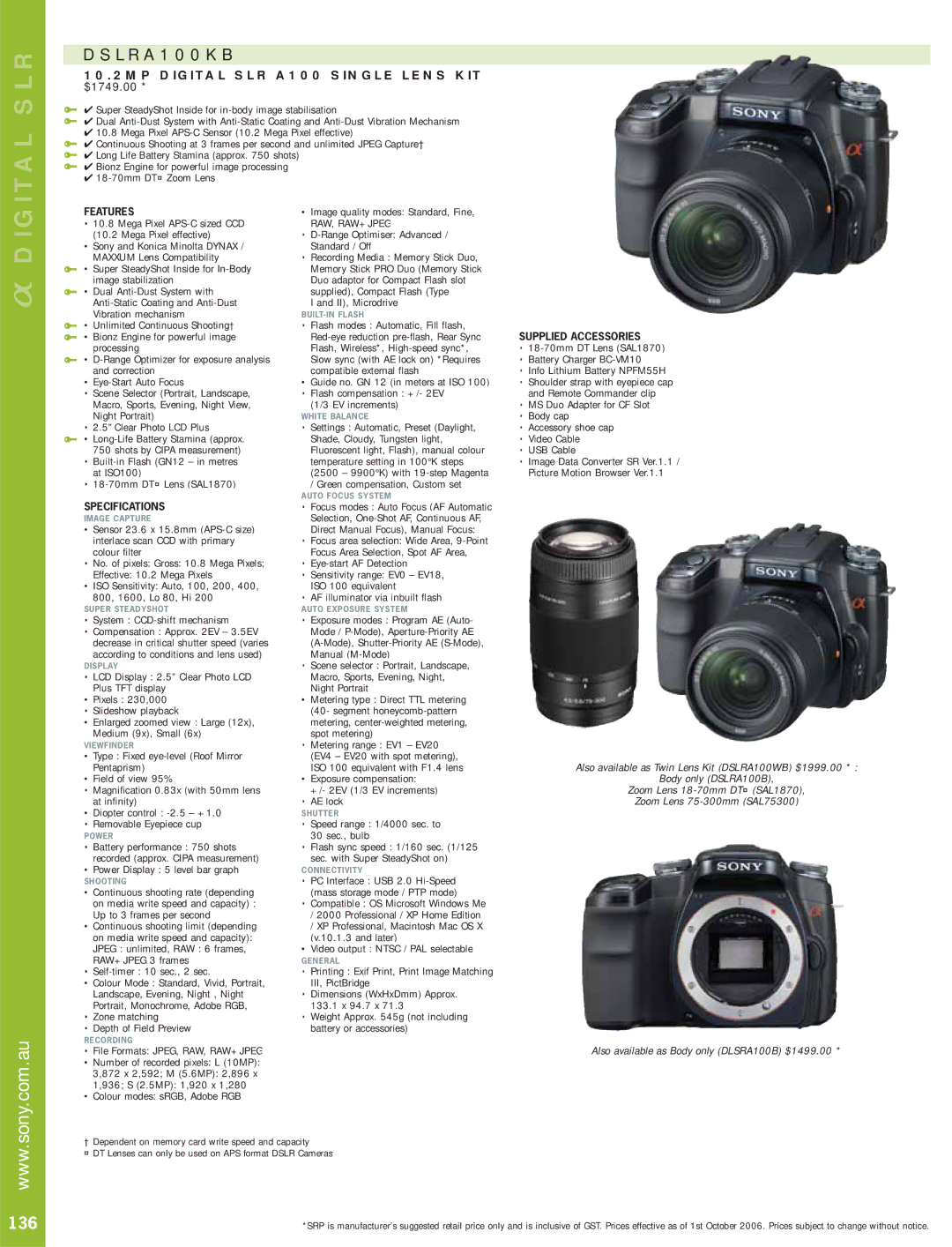 Sony manual DSLRA100KB, 136, 10.2MP Digital SLR A100 Single Lens KIT, $1749.00 