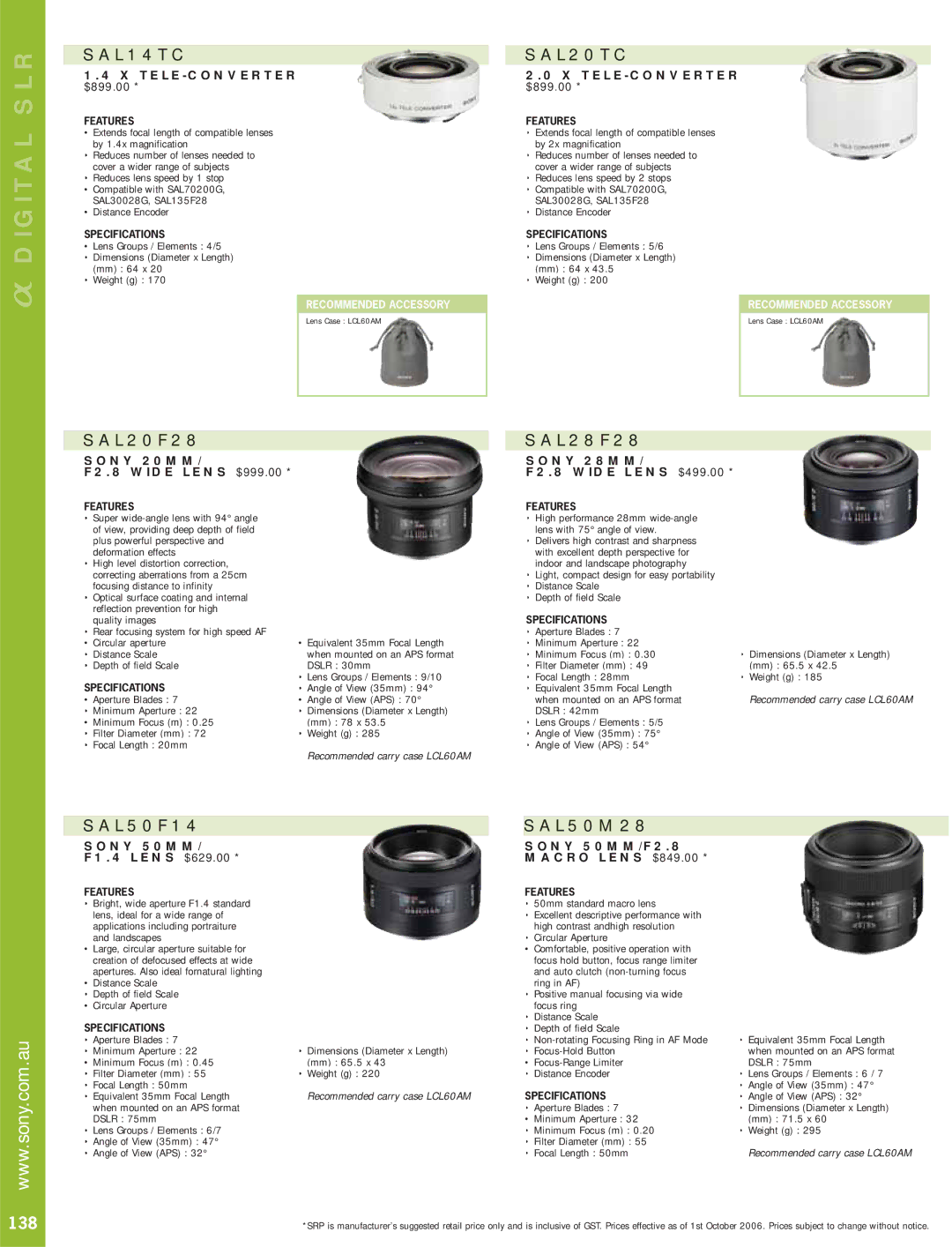 Sony SLR manual SAL14TC, SAL20TC, 138 