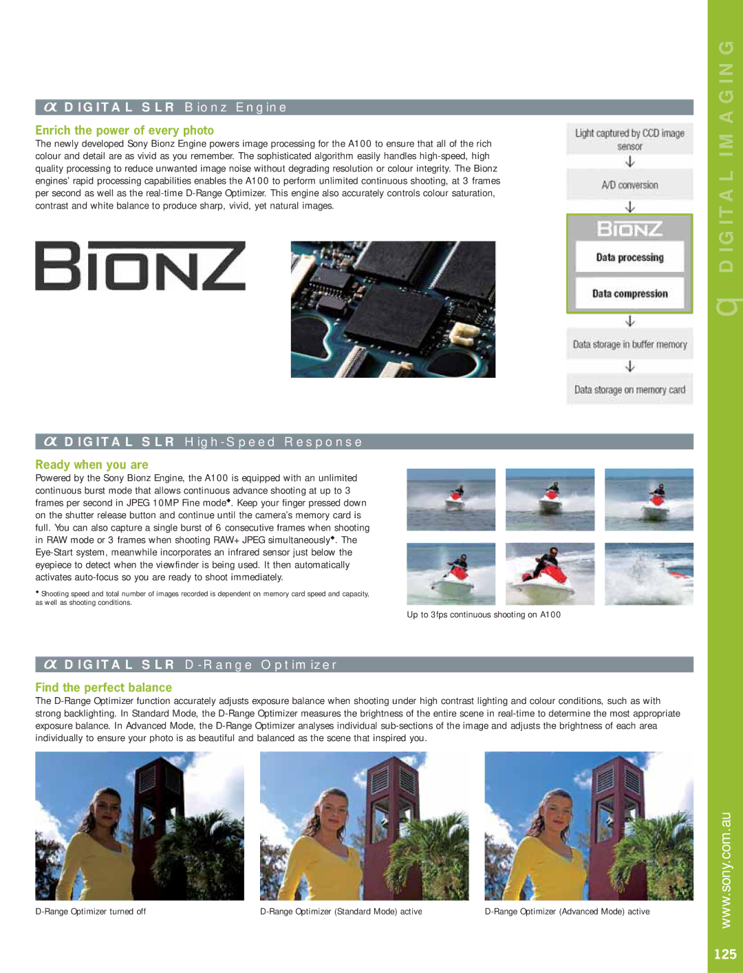 Sony manual Digital SLR Bionz Engine, Digital SLR High-Speed Response, Digital SLR D-Range Optimizer, 125 