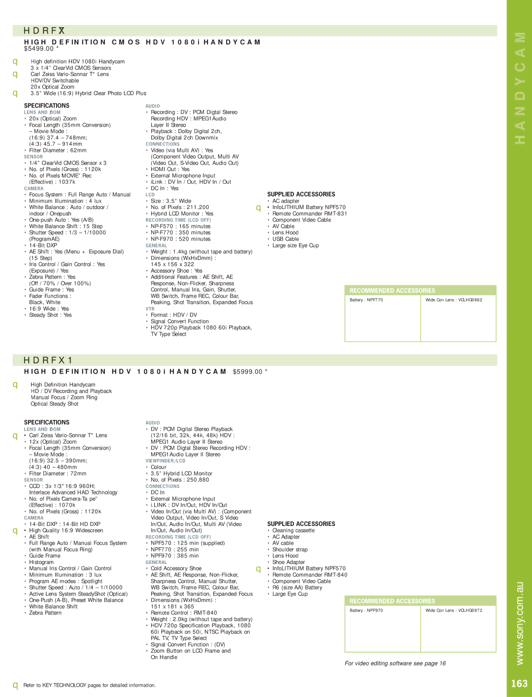 Sony SLR manual HDRFX7, HDRFX1, 163, High Definition Cmos HDV 1080i Handycam, High Definition HDV 1080i Handycam $5999.00 