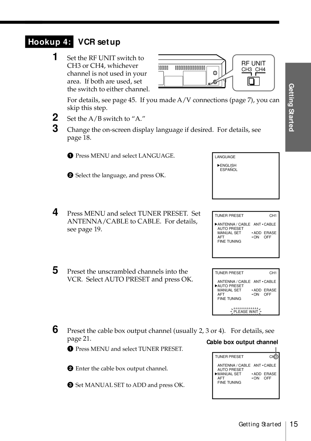 Sony SLV-469 operating instructions Hookup 4 VCR setup, Set the RF Unit switch to CH3 or CH4, whichever 