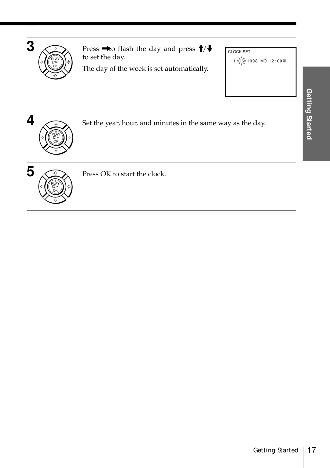 Sony SLV-469 operating instructions Press /to flash the day and press, To set the day, Press OK to start the clock 