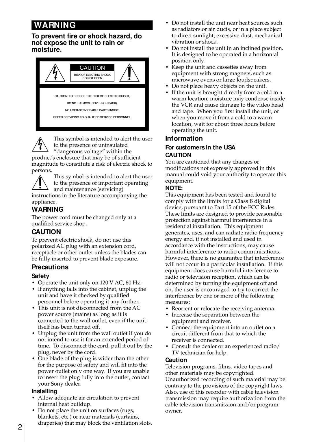 Sony SLV-469 operating instructions Precautions, Information, Safety, Installing, For customers in the USA 