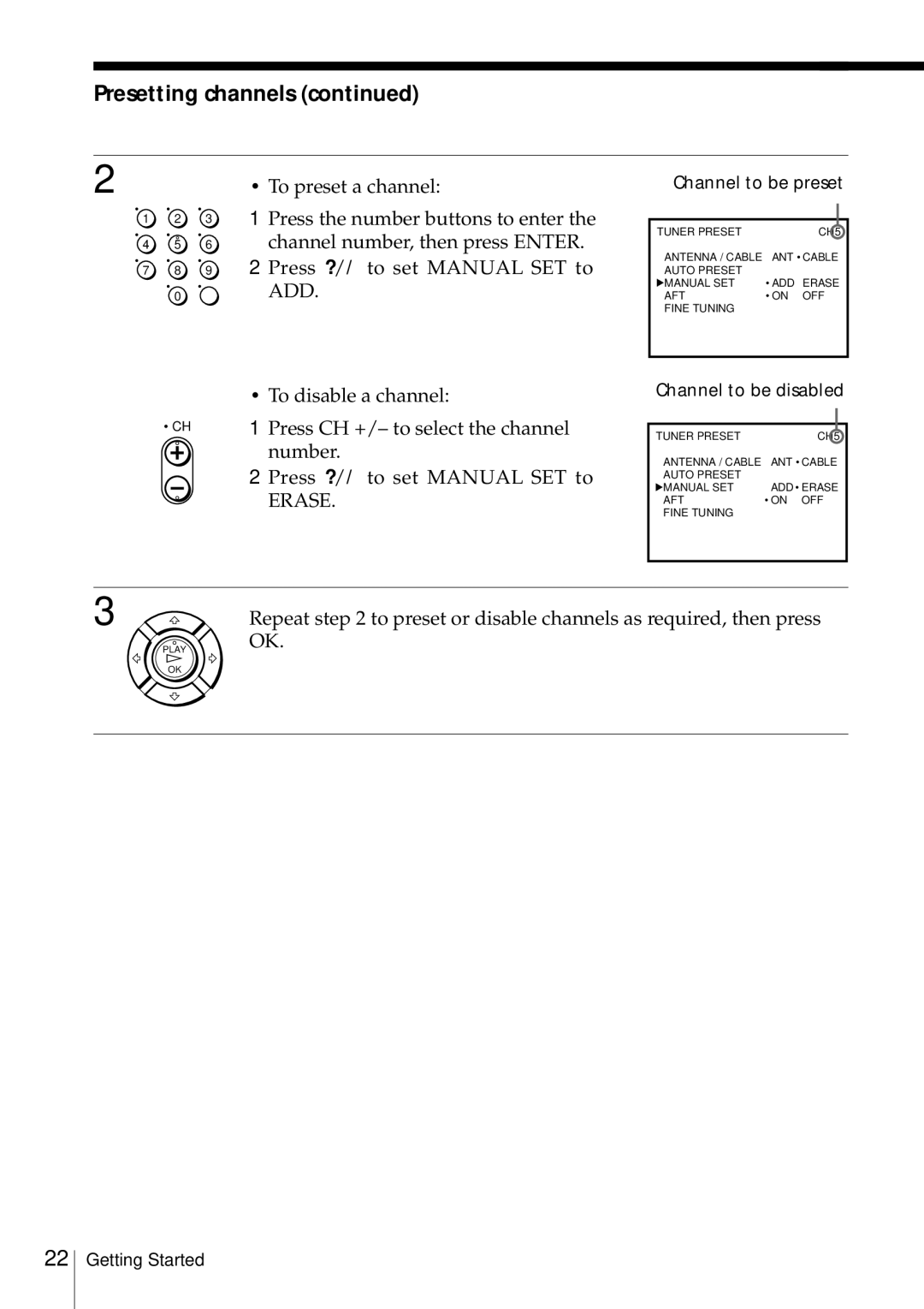 Sony SLV-469 operating instructions Channel to be preset, Channel to be disabled 