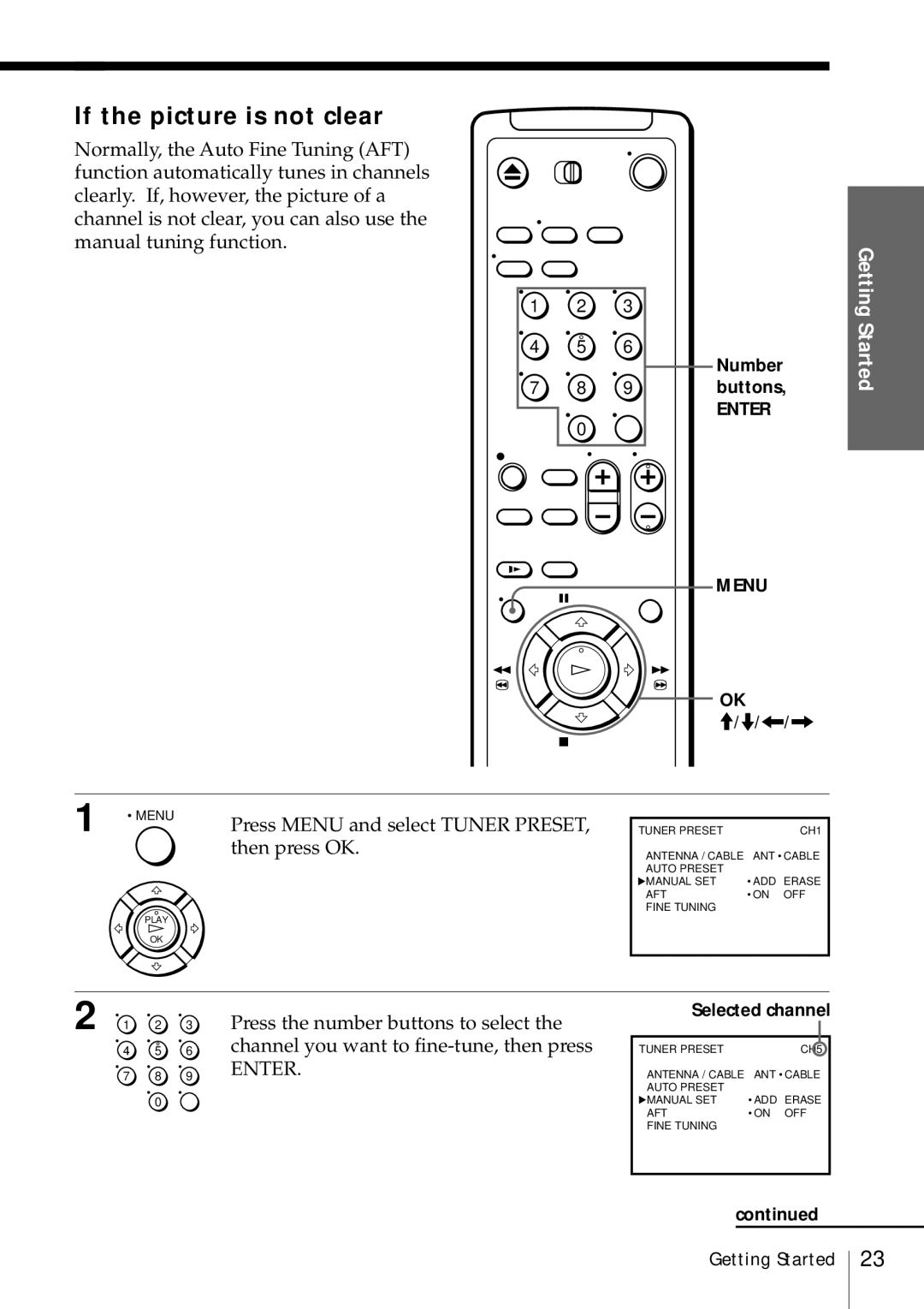 Sony SLV-469 operating instructions If the picture is not clear, Number 9 buttons, Selected channel 