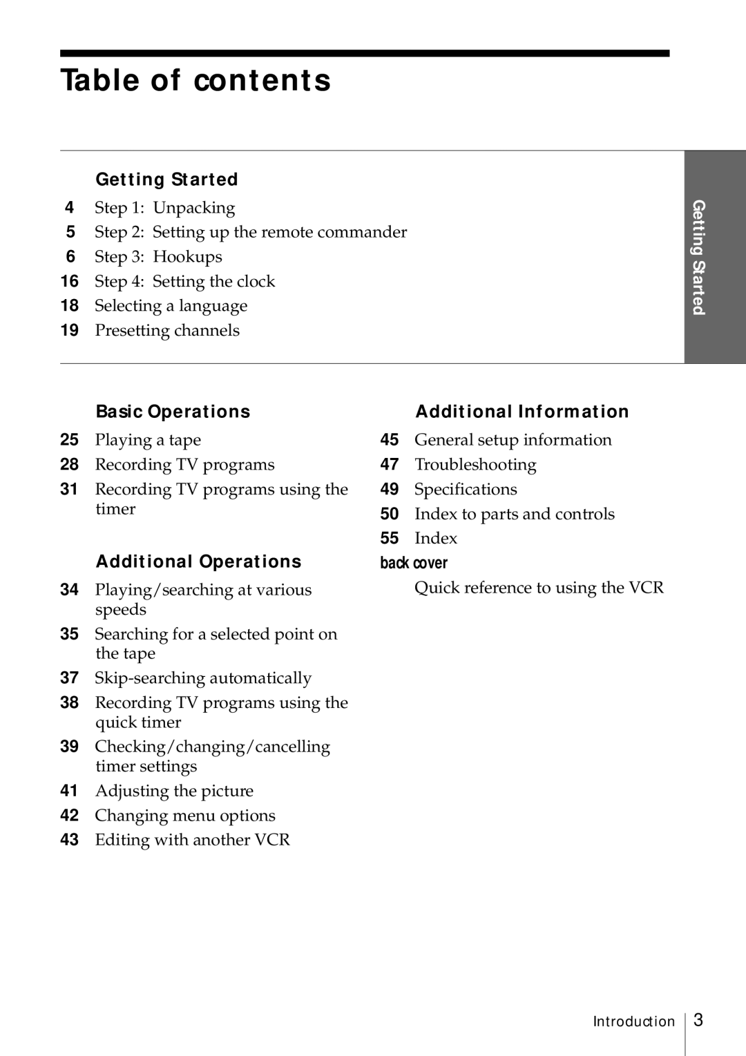 Sony SLV-469 operating instructions Table of contents 