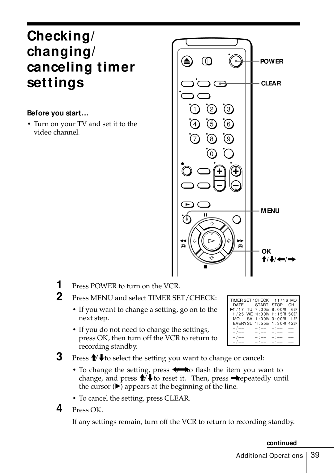 Sony SLV-469 operating instructions Checking Changing/ canceling timer settings, Before you start… 