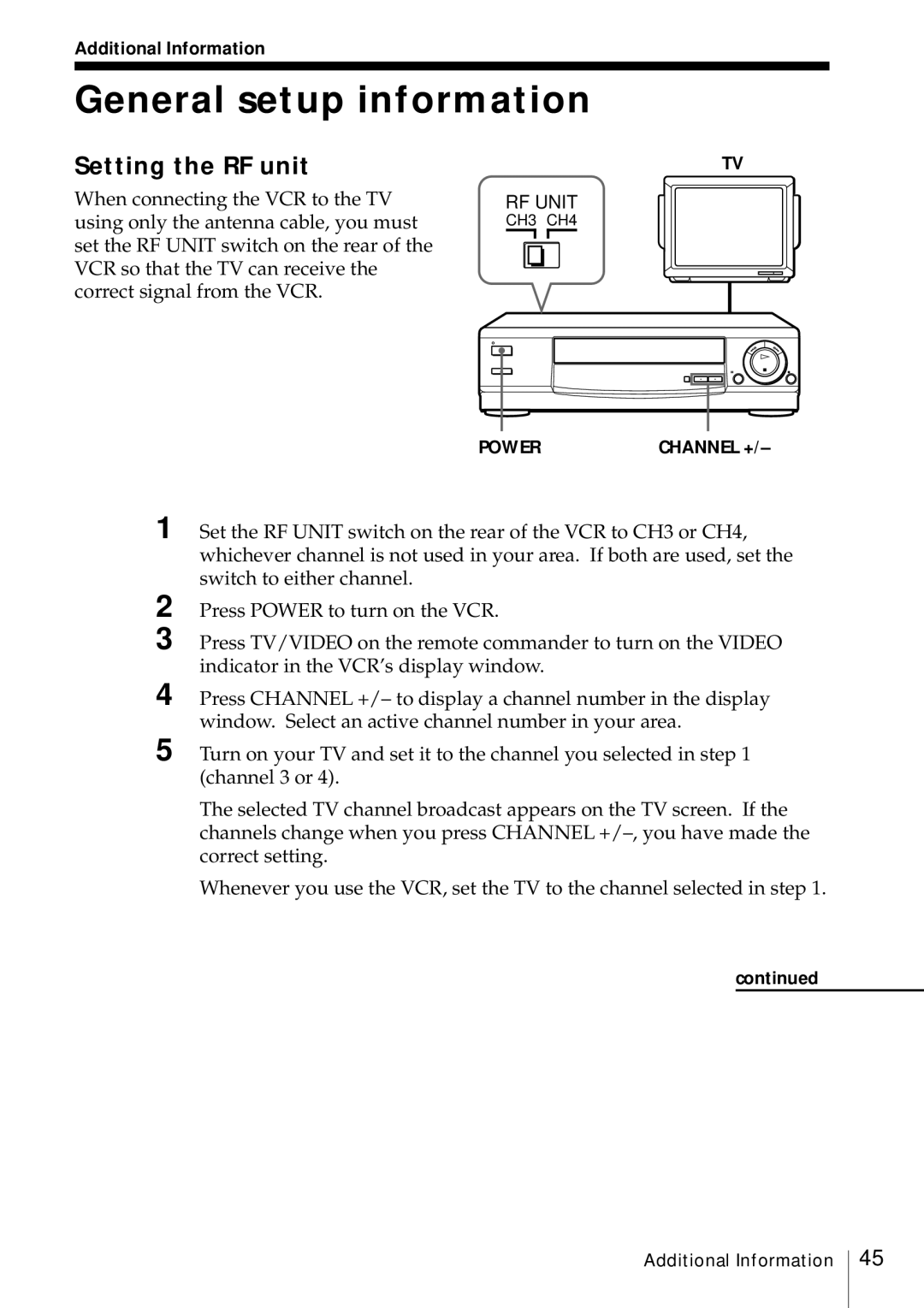 Sony SLV-469 operating instructions General setup information, Setting the RF unit, Additional Information 