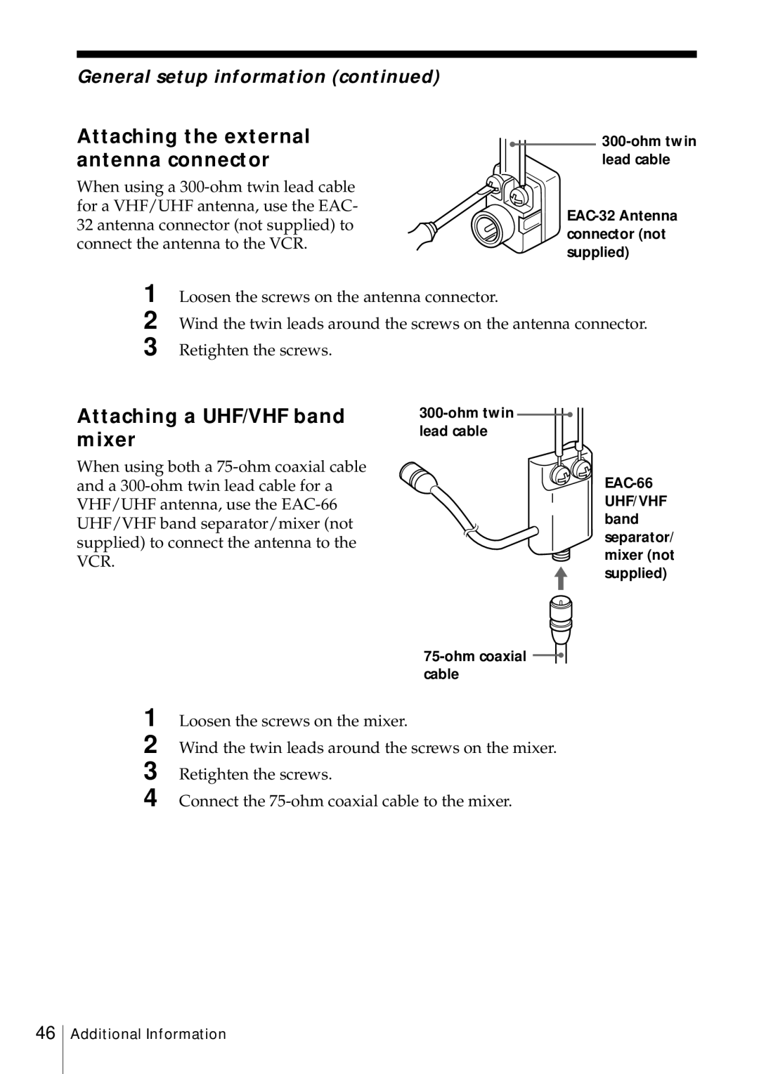 Sony SLV-469 Attaching the external antenna connector, Attaching a UHF/VHF band mixer, General setup information 