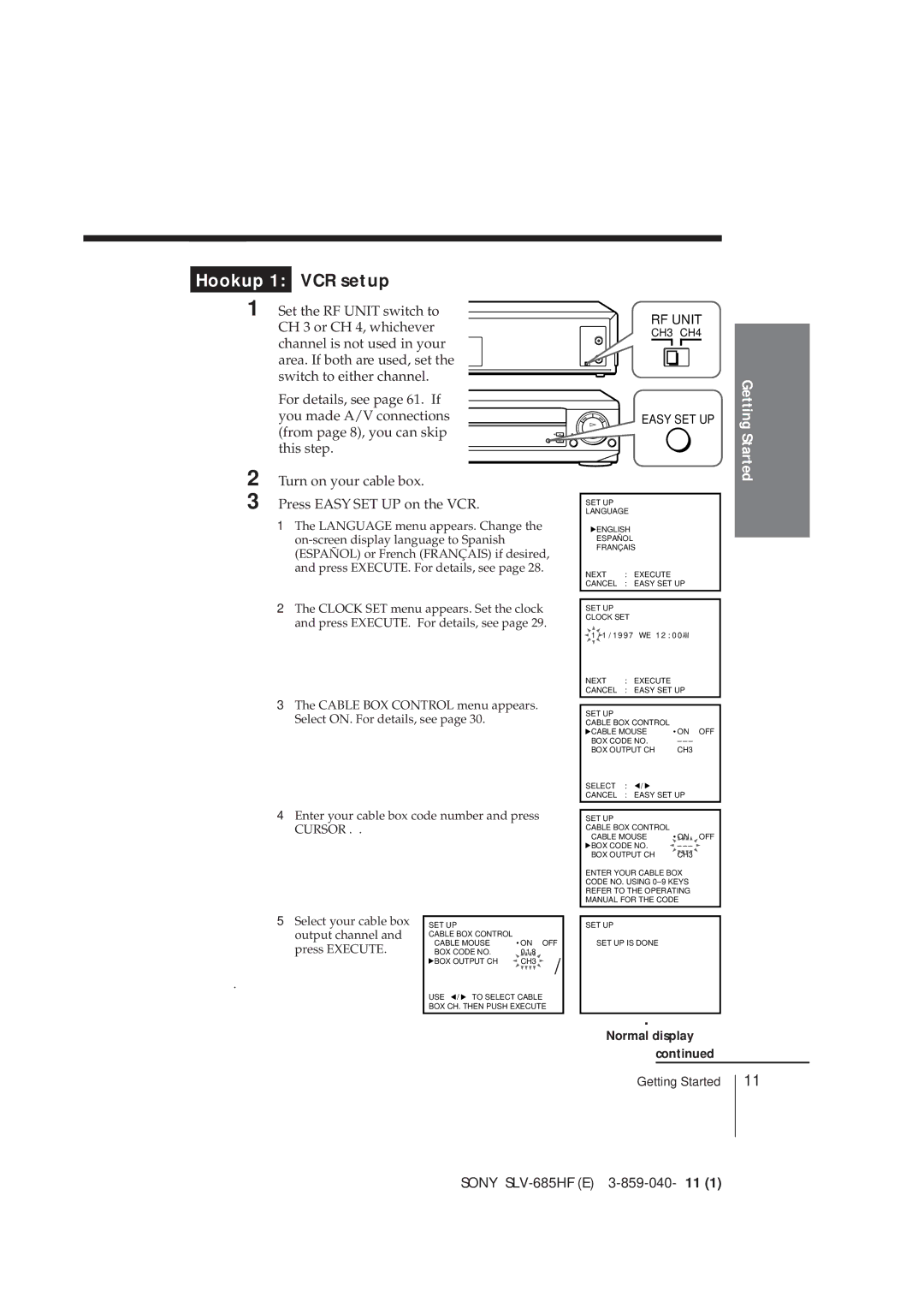 Sony SLV-685HF manual Set the RF Unit switch to, CH 3 or CH 4, whichever, Cursor 