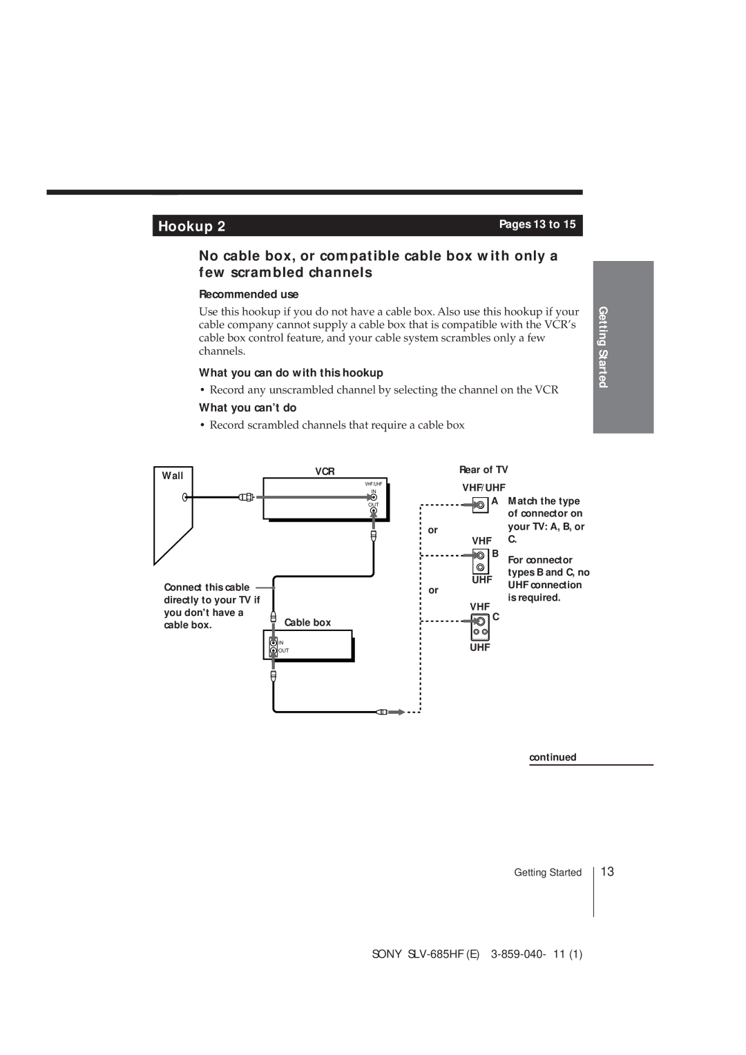 Sony SLV-685HF Record scrambled channels that require a cable box, You dont have a Cable box, For connector, Is required 