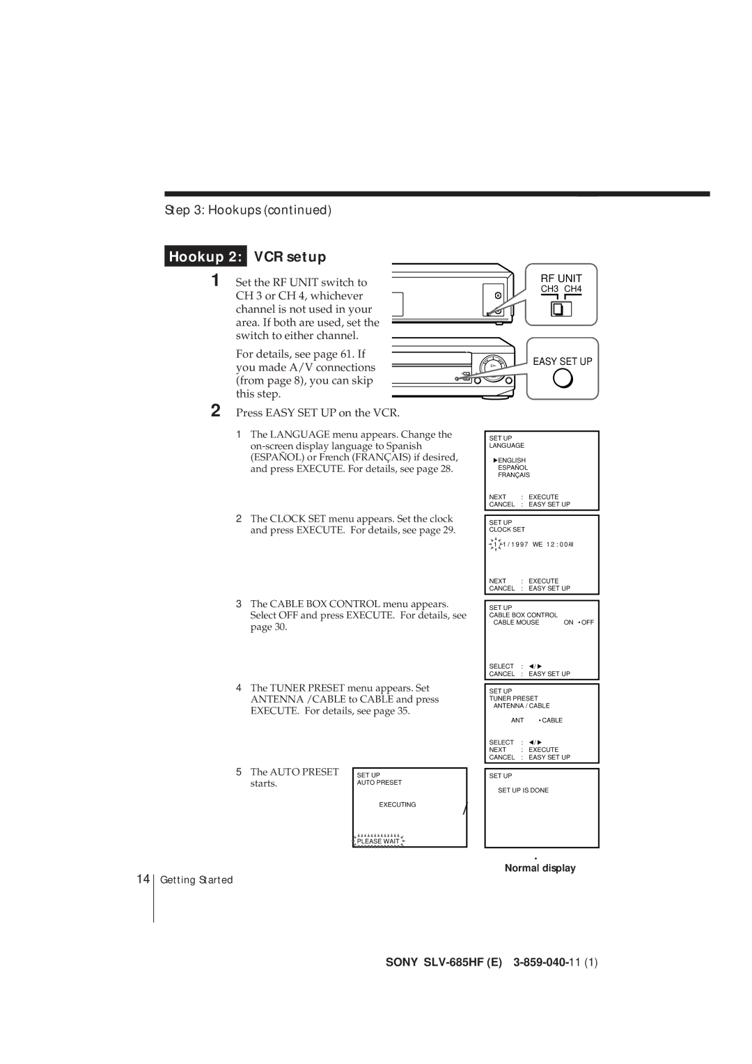 Sony SLV-685HF manual Hookup 2 VCR setup, Normal display 