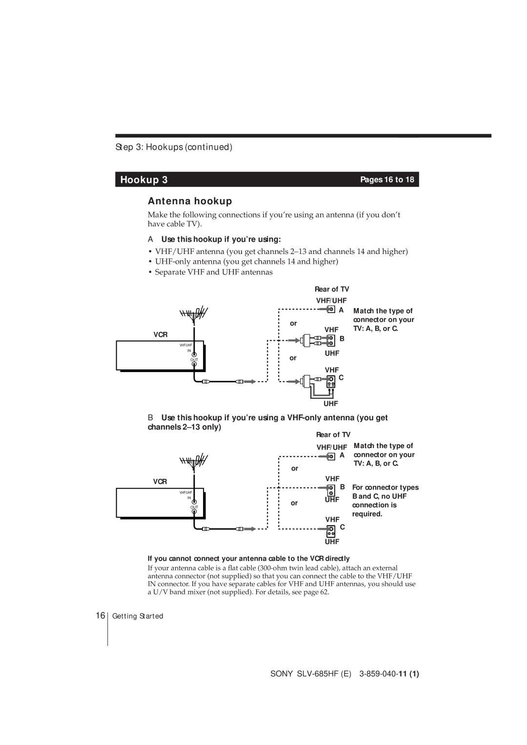 Sony SLV-685HF manual Antenna hookup, Use this hookup if you’re using, TV A, B, or C, Match the type 