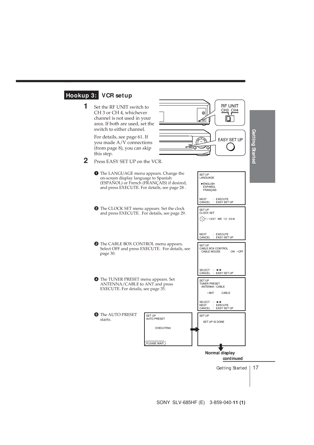 Sony SLV-685HF manual Hookup 3 VCR setup 