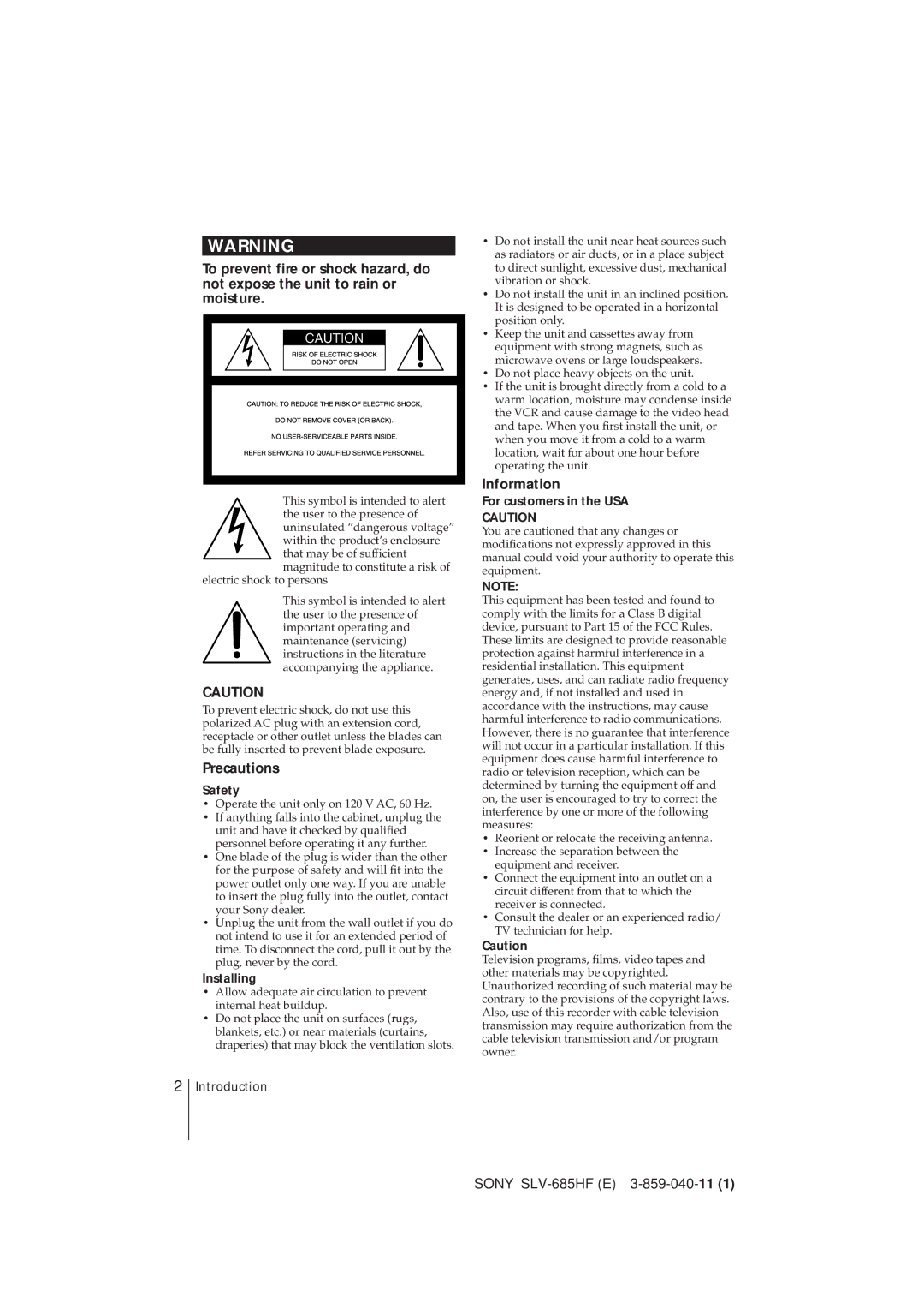 Sony SLV-685HF manual Precautions, Information, Safety, Installing, For customers in the USA 