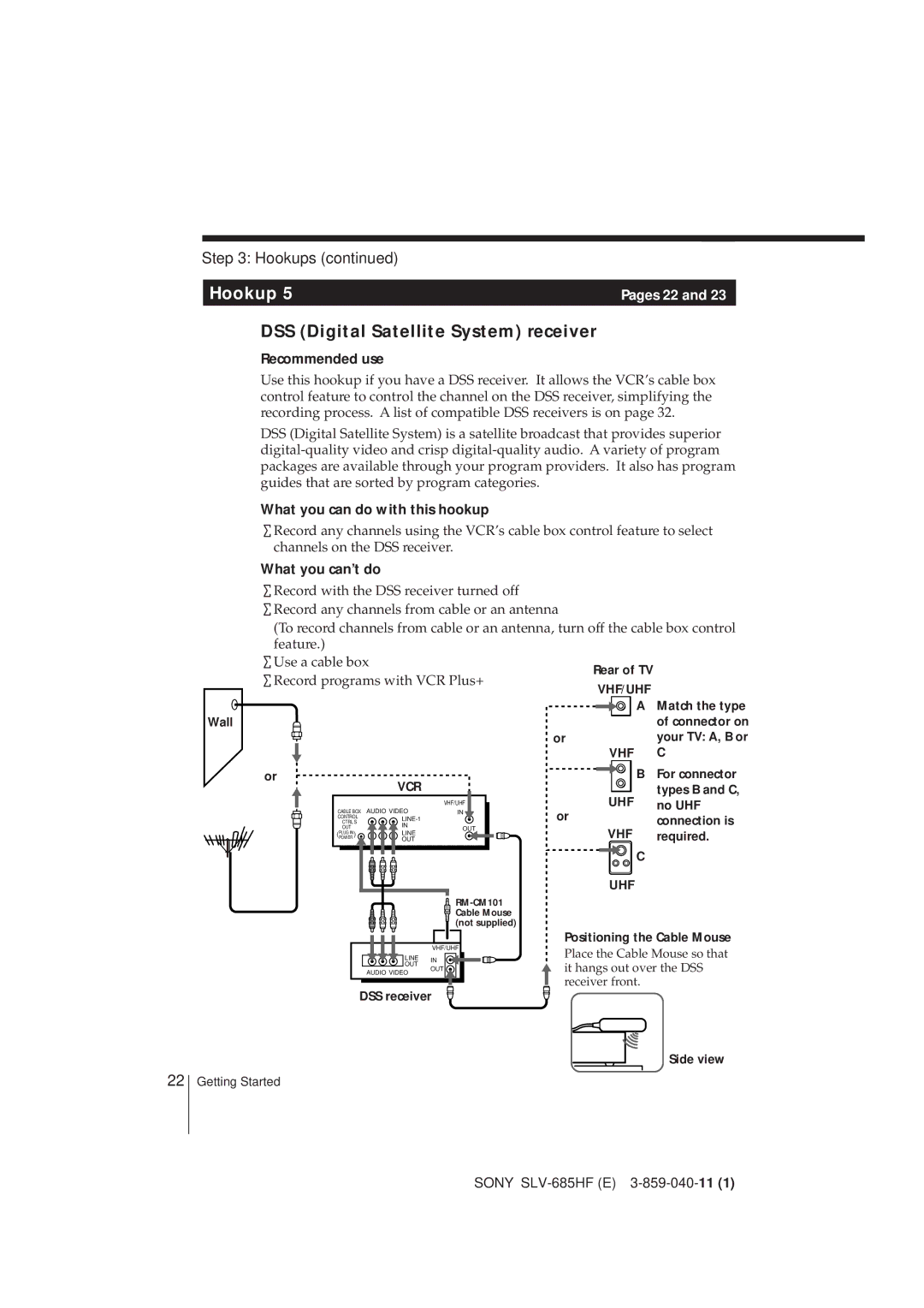 Sony SLV-685HF DSS Digital Satellite System receiver, ∙ Record programs with VCR Plus+, No UHF, DSS receiver Side view 