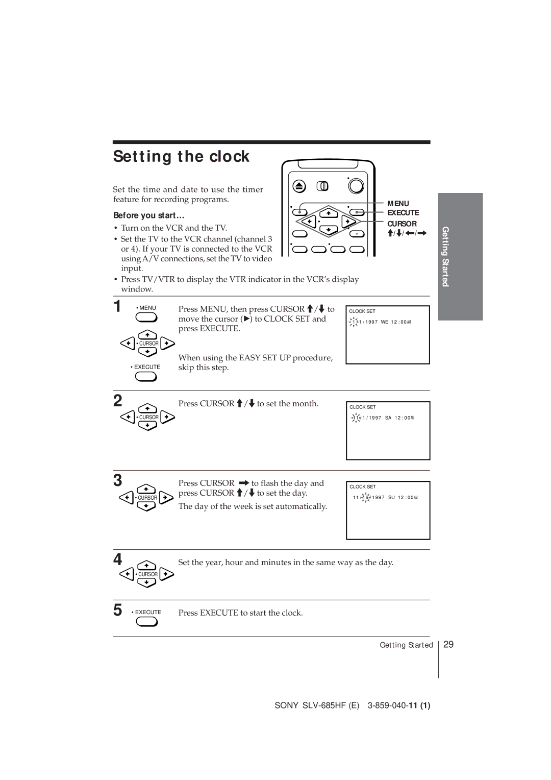 Sony SLV-685HF manual Setting the clock, Before you start… 