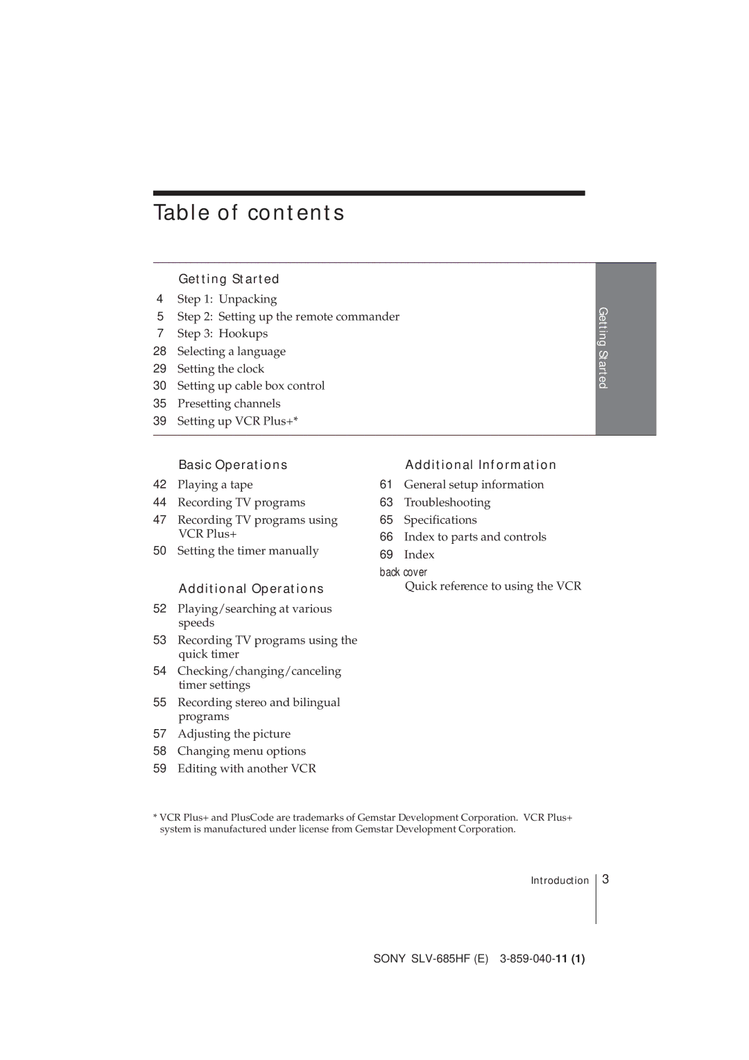 Sony SLV-685HF manual Table of contents 