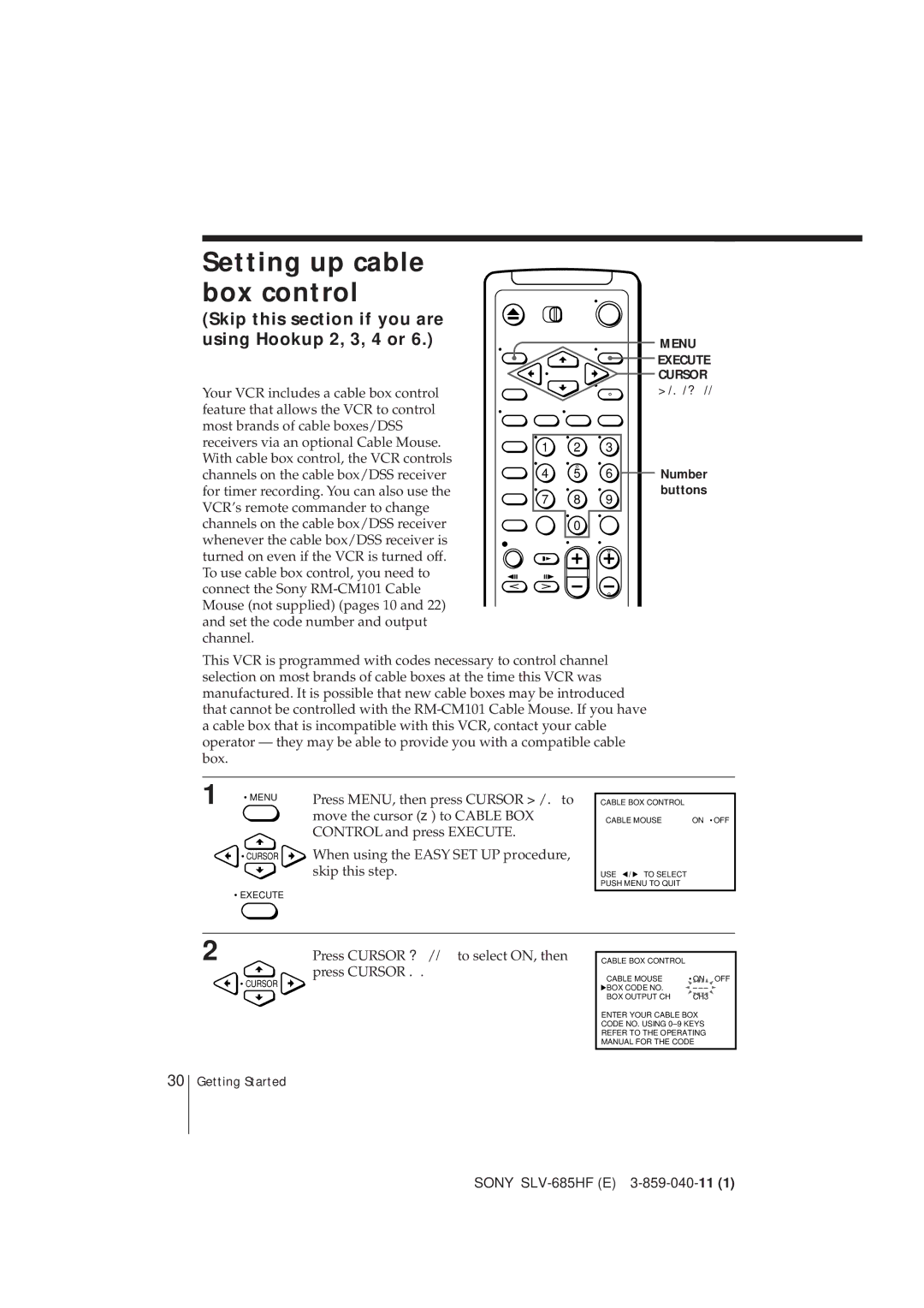 Sony SLV-685HF Setting up cable box control, Skip this section if you are using Hookup 2, 3, 4 or, Press Cursor, Buttons 