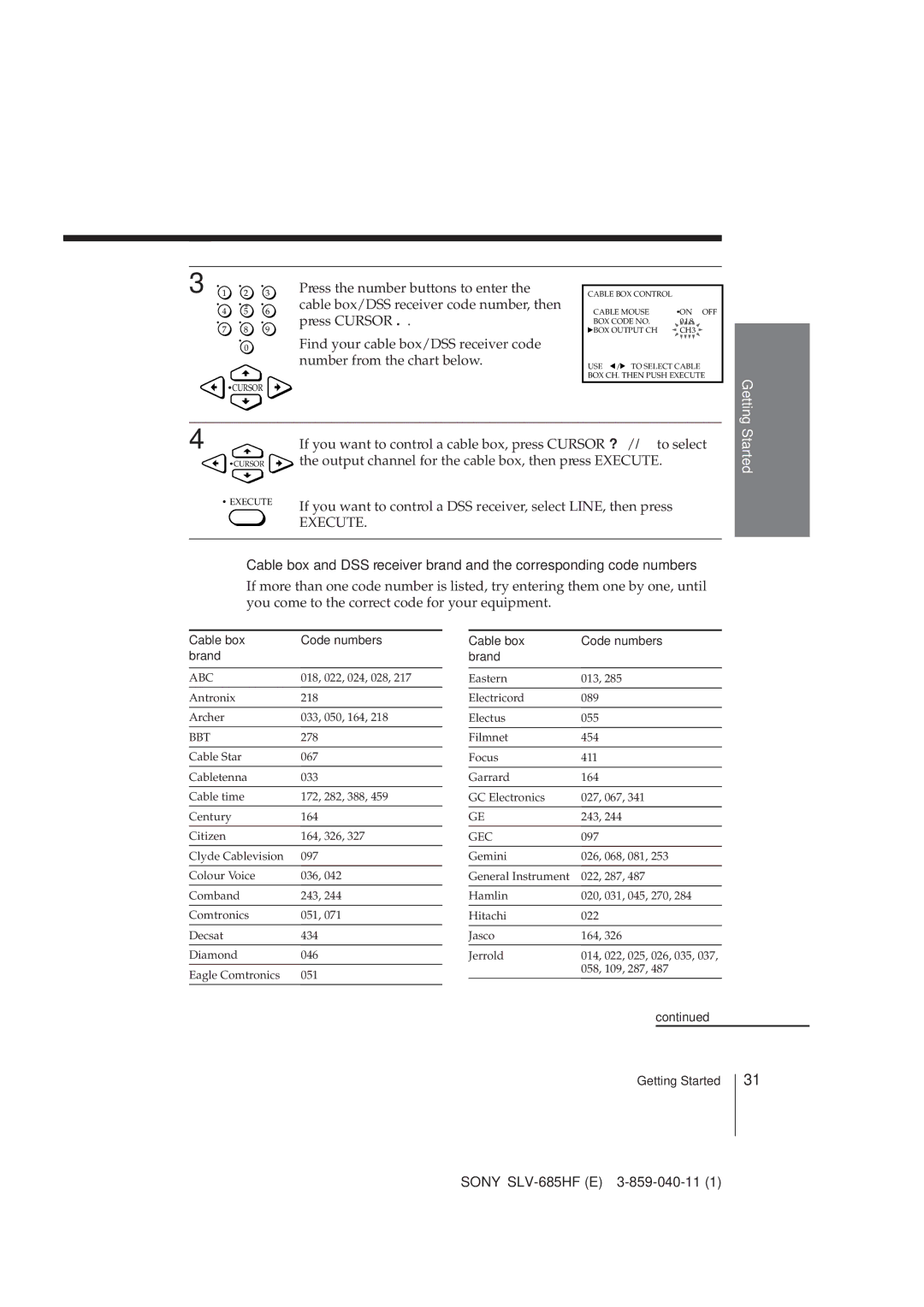 Sony SLV-685HF Press the number buttons to enter, Cable box/DSS receiver code number, then, Number from the chart below 