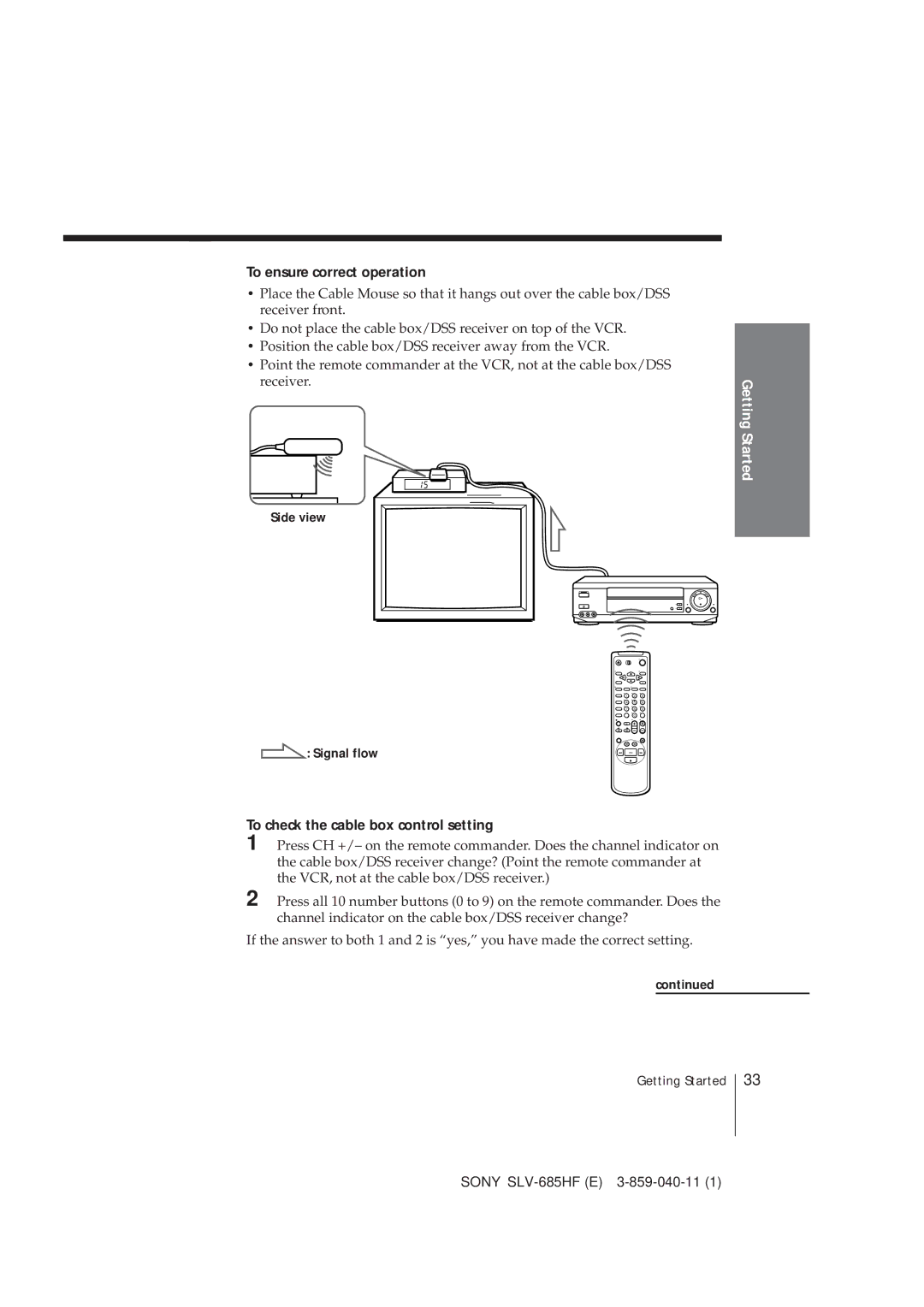 Sony SLV-685HF manual To ensure correct operation, To check the cable box control setting, Signal flow 