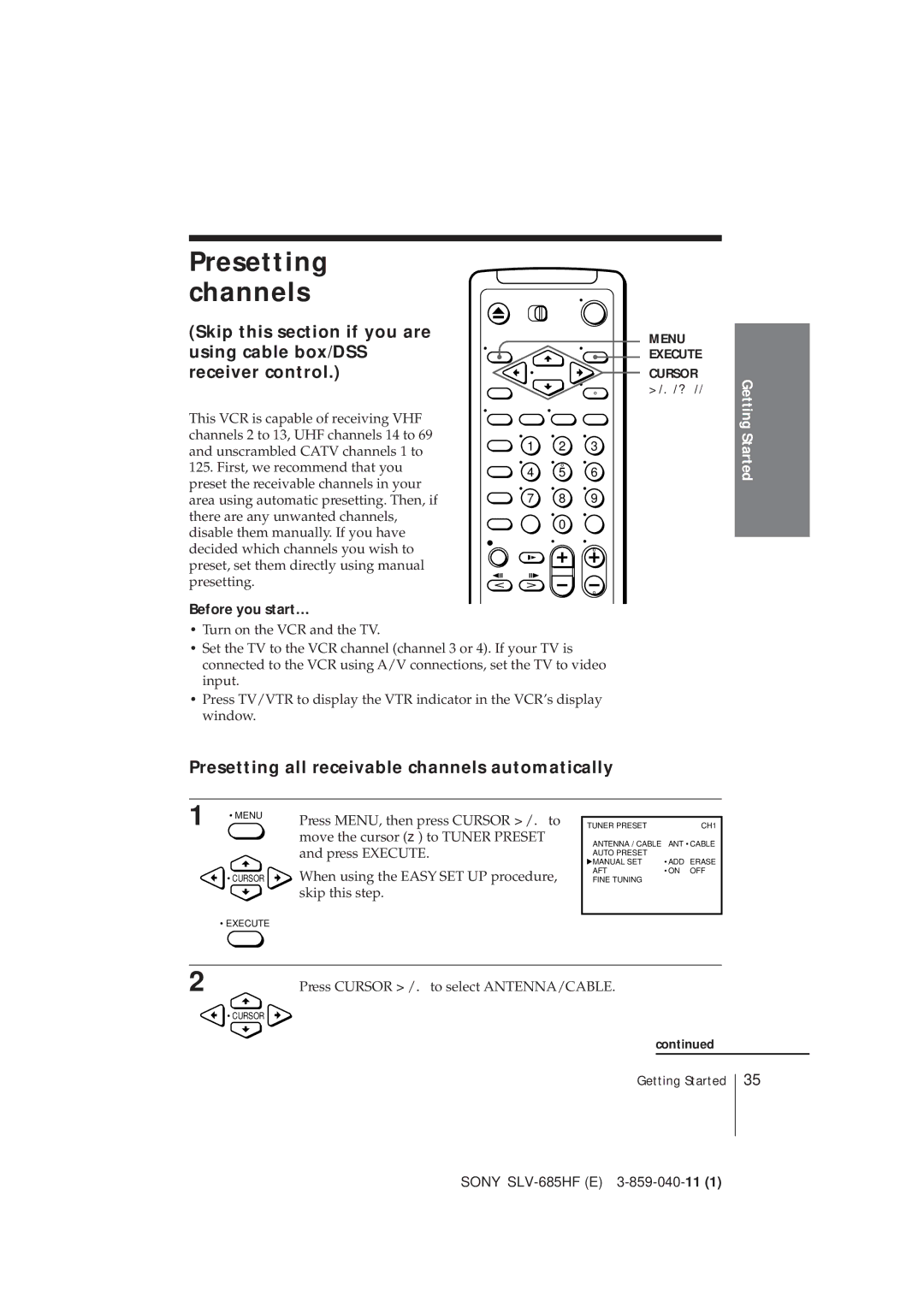 Sony SLV-685HF manual Presetting channels, Presetting all receivable channels automatically, Turn on the VCR and the TV 