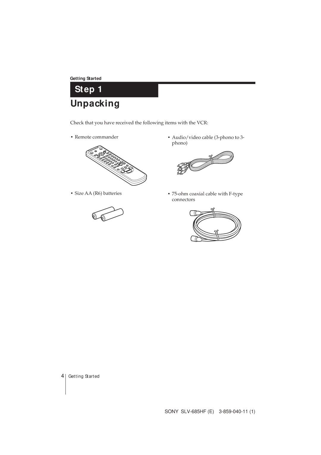 Sony SLV-685HF manual Unpacking, Getting Started 