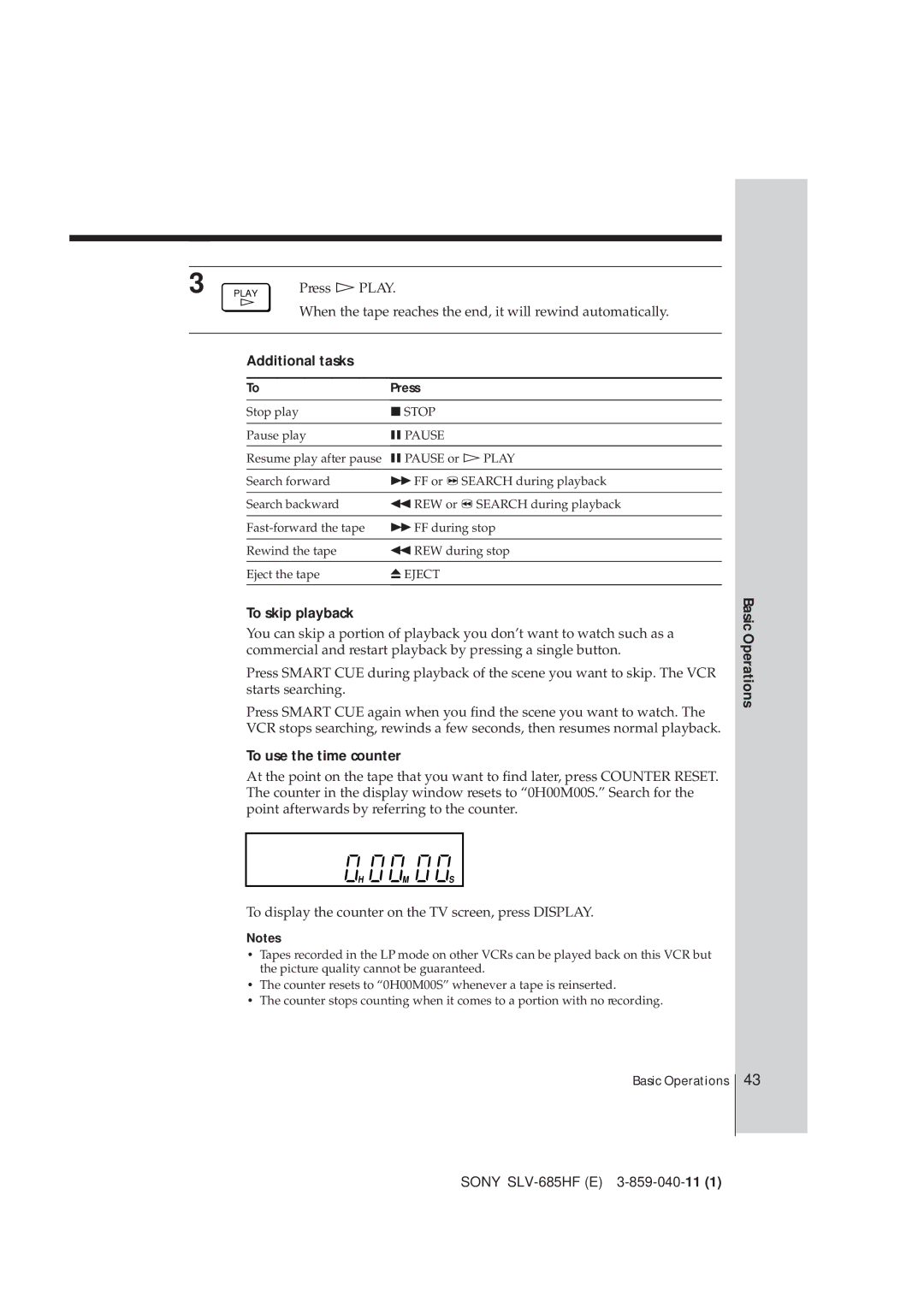 Sony SLV-685HF manual Additional tasks, To skip playback, To use the time counter, Basic Operations, Press 