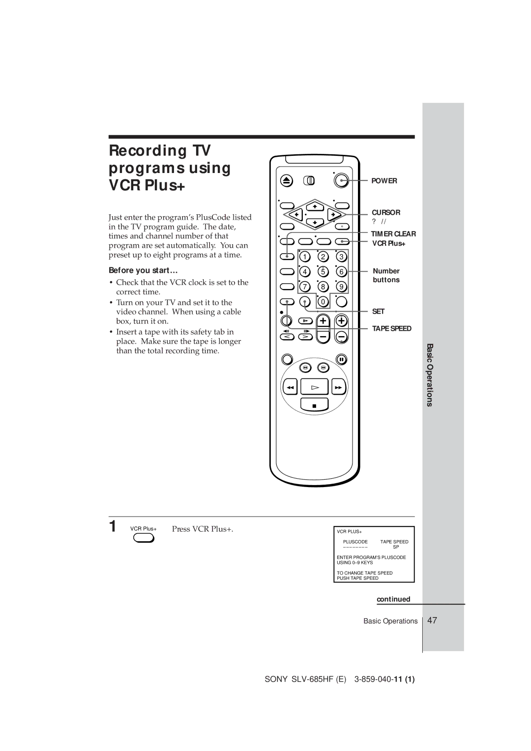 Sony SLV-685HF manual Recording TV programs using VCR Plus+, Press VCR Plus+, Number buttons 