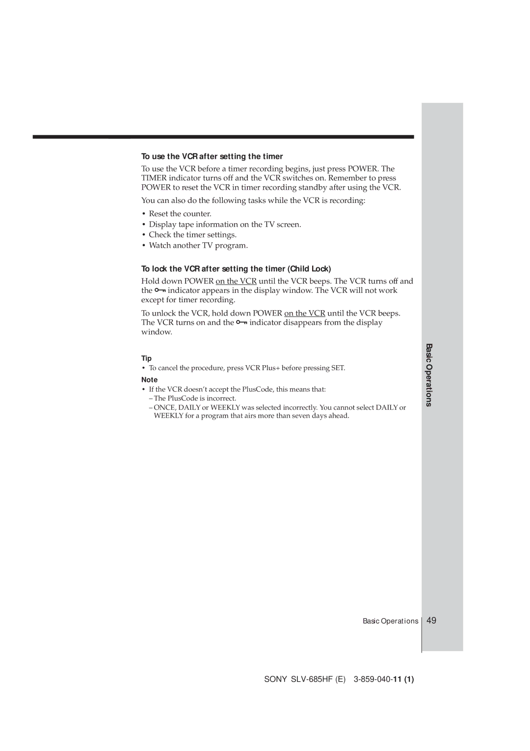 Sony SLV-685HF manual To use the VCR after setting the timer, To lock the VCR after setting the timer Child Lock, Tip 