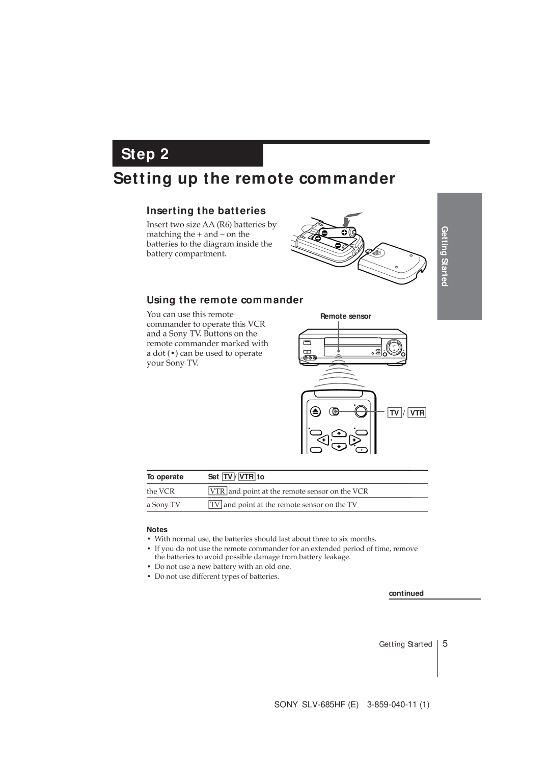 Sony SLV-685HF Setting up the remote commander, Inserting the batteries, Using the remote commander, To operate Set TV 