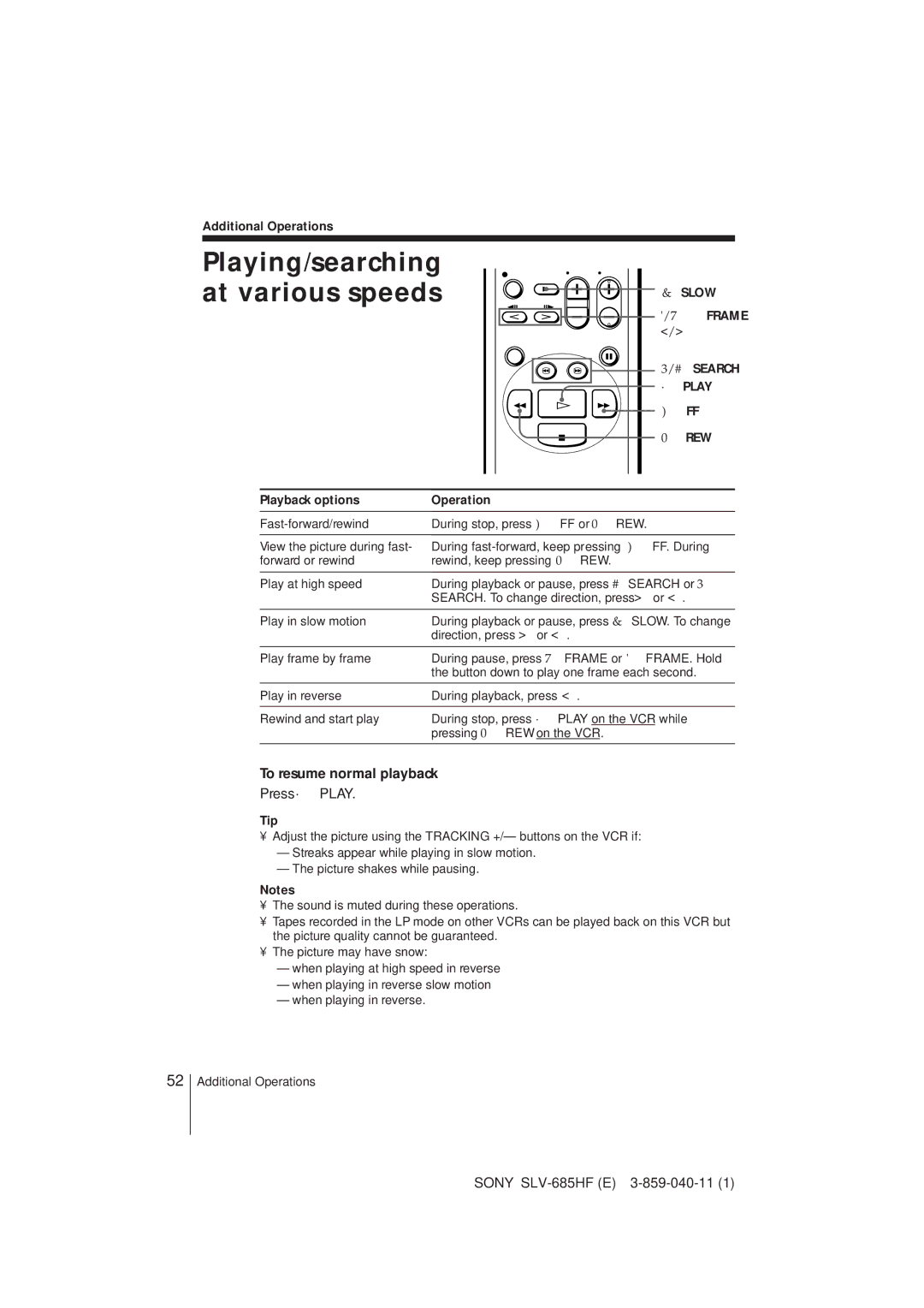 Sony SLV-685HF manual Playing/searching At various speeds, To resume normal playback, Press áPLAY 