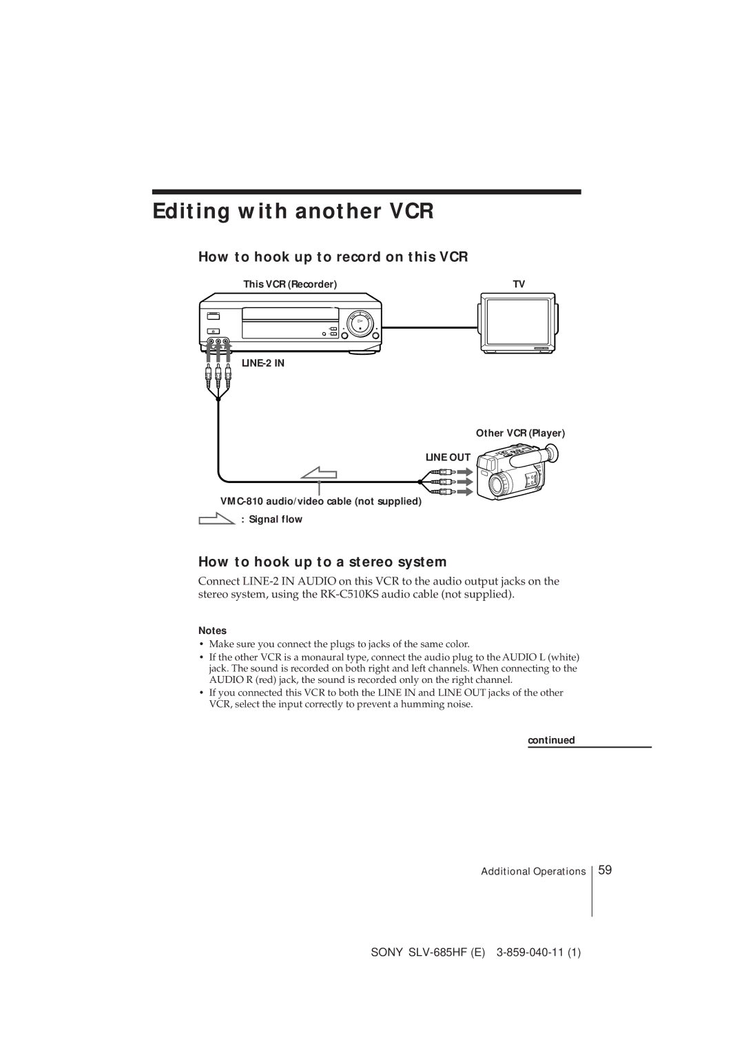 Sony SLV-685HF manual Editing with another VCR, How to hook up to record on this VCR, How to hook up to a stereo system 