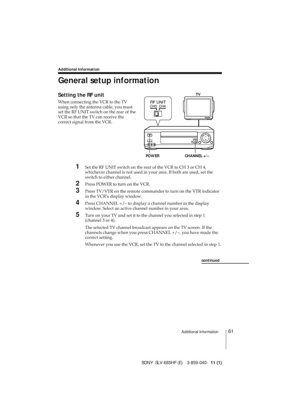 Sony SLV-685HF manual General setup information, Setting the RF unit, Additional Information 