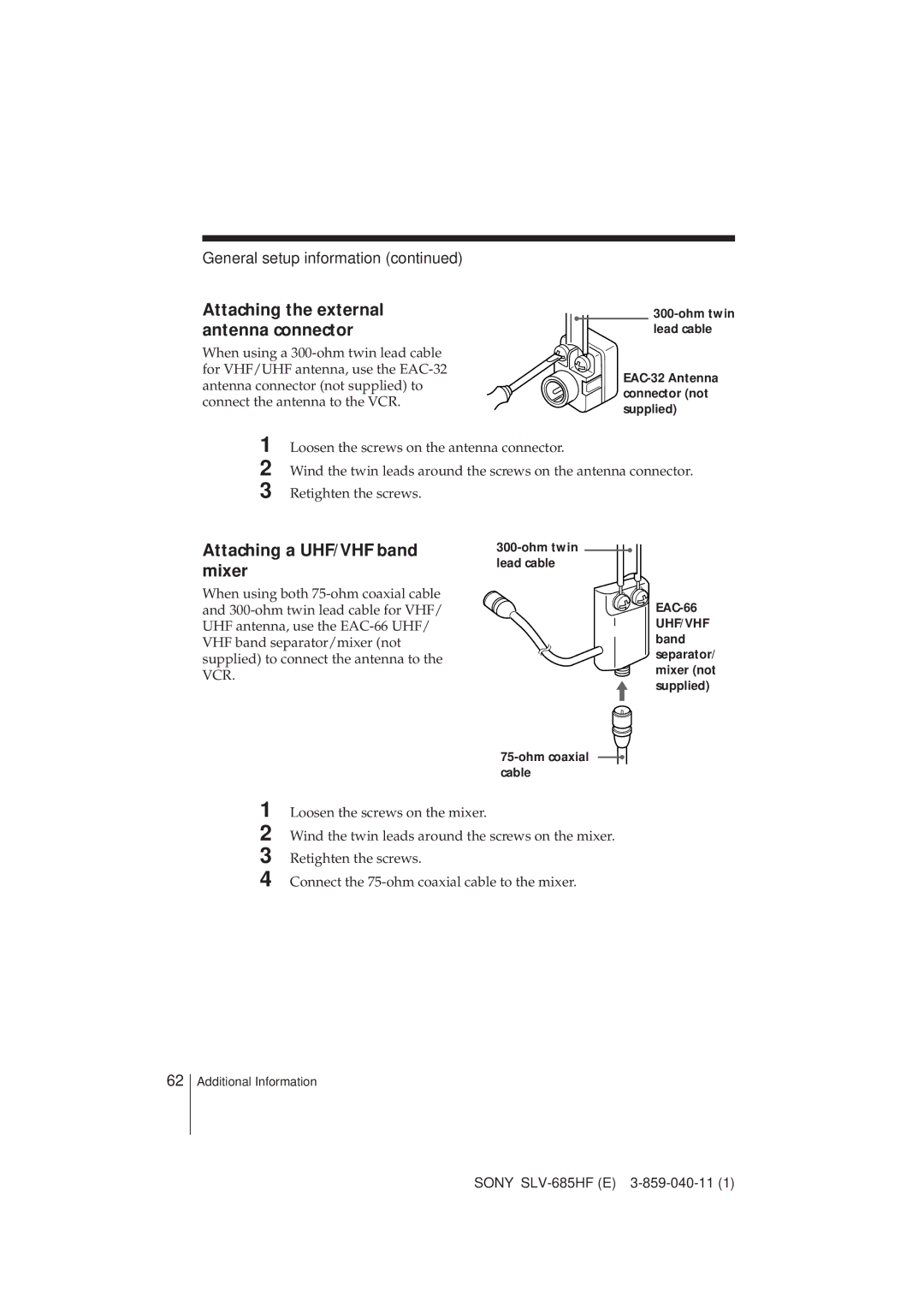 Sony SLV-685HF manual Attaching the external antenna connector, Attaching a UHF/VHF band mixer 