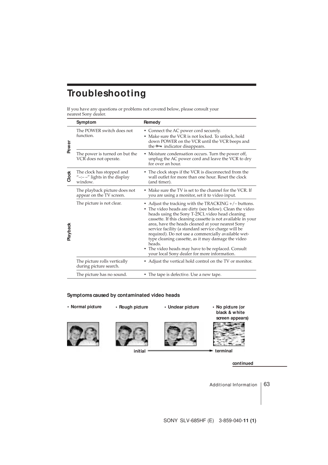 Sony SLV-685HF manual Troubleshooting, Symptoms caused by contaminated video heads 