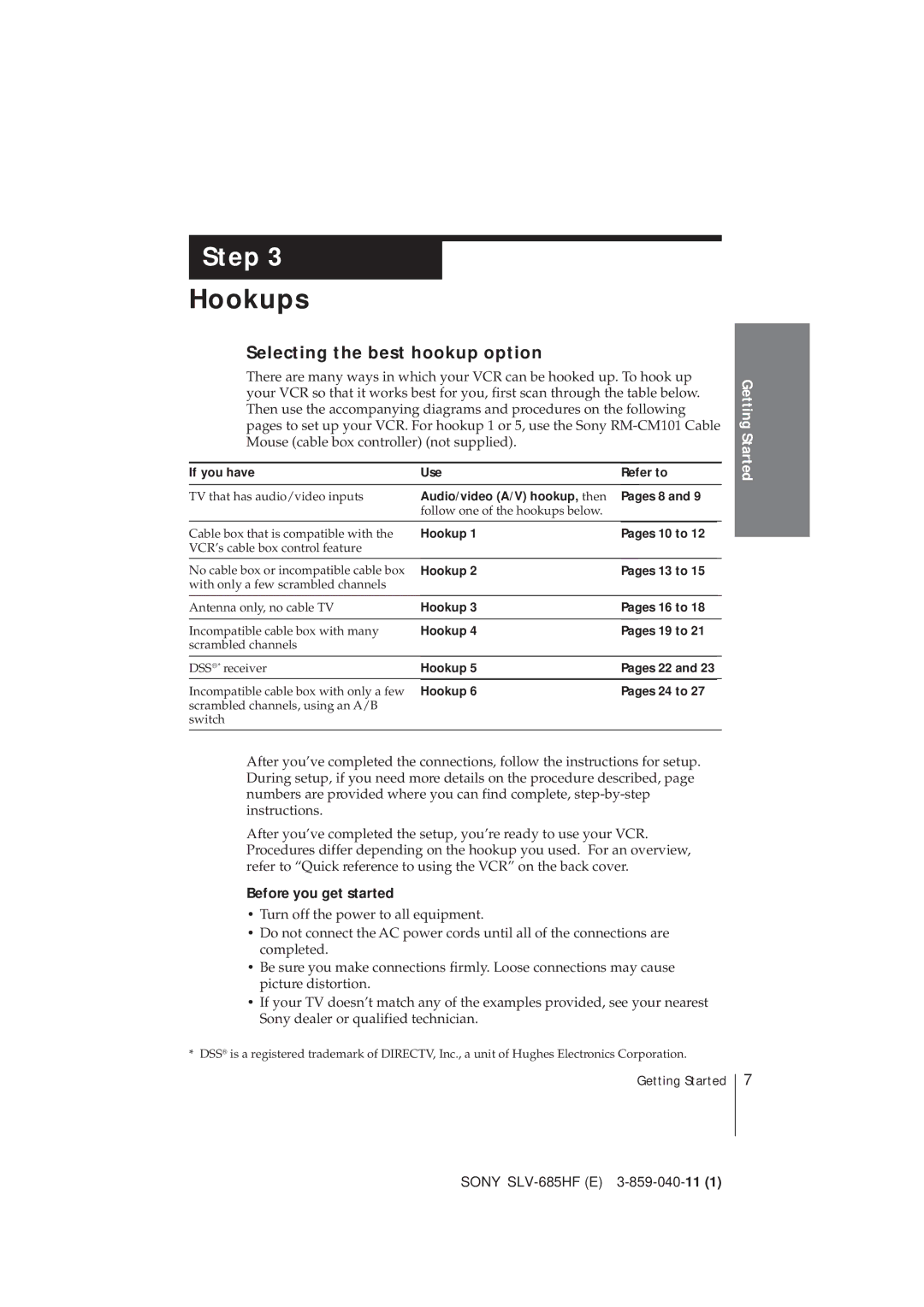 Sony SLV-685HF manual Hookups, Selecting the best hookup option, Before you get started 