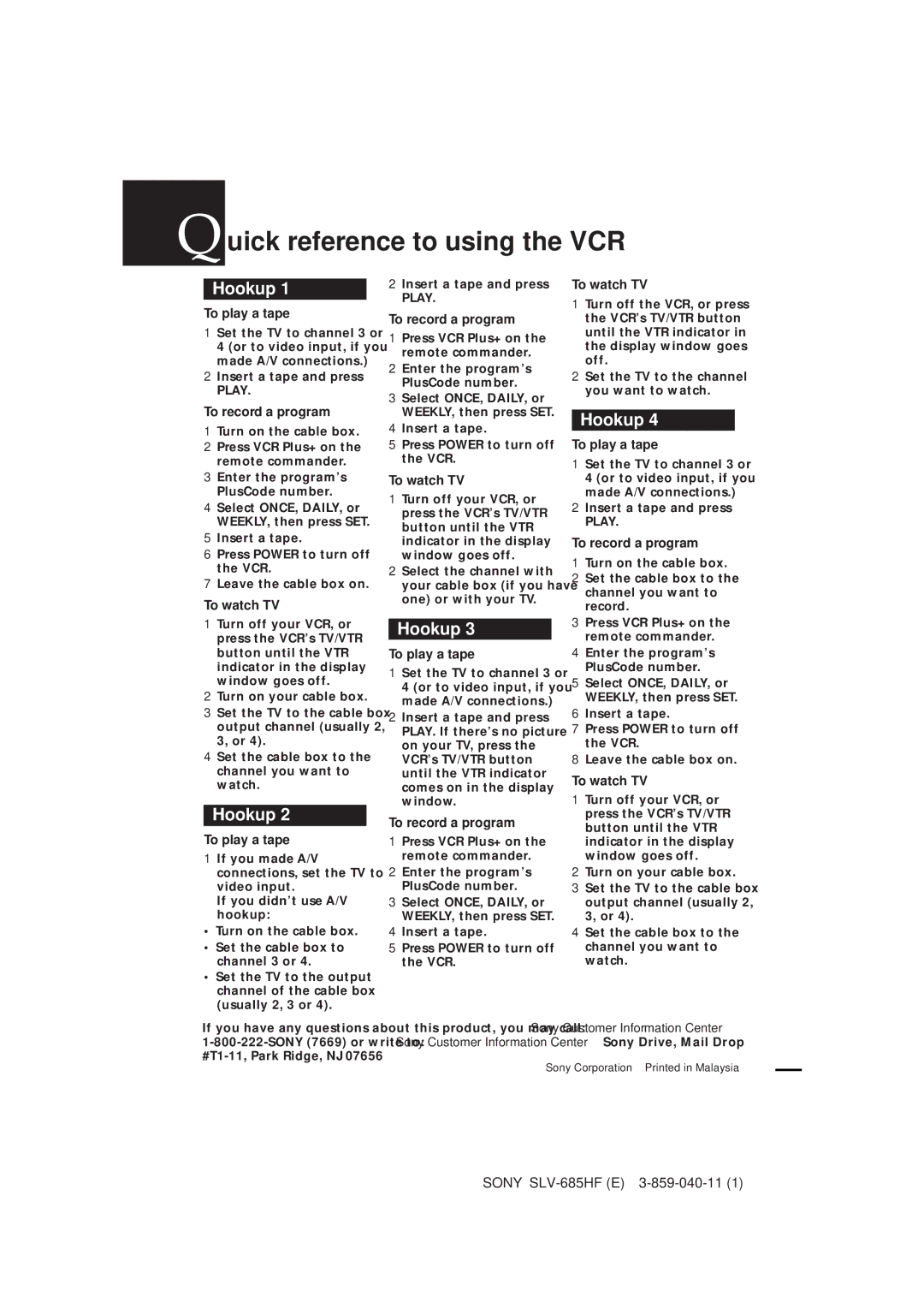 Sony SLV-685HF manual Quick reference to using the VCR, To play a tape, To record a program, To watch TV 