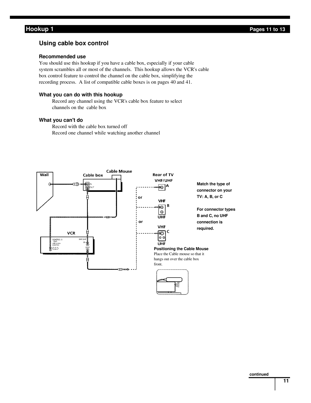 Sony CS SLV-998HF MX manual Using cable box control, Recommended use, What you can do with this hookup, What you cant do 