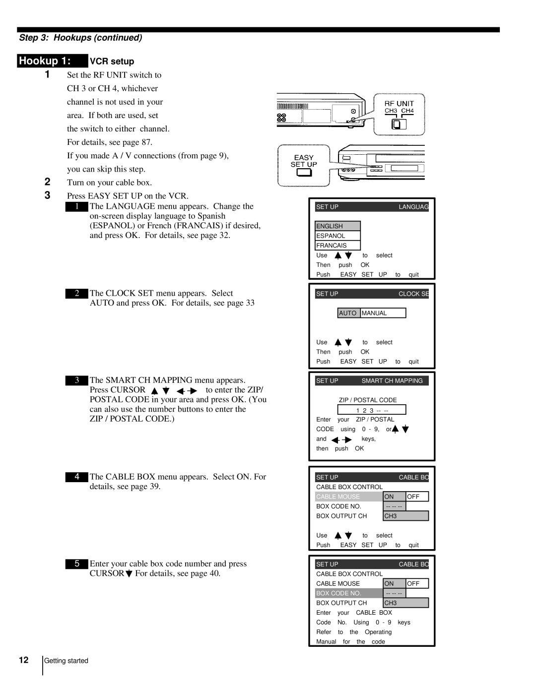 Sony CS SLV-998HF MX manual Hookup 1 VCR setup, ZIP / Postal Code 