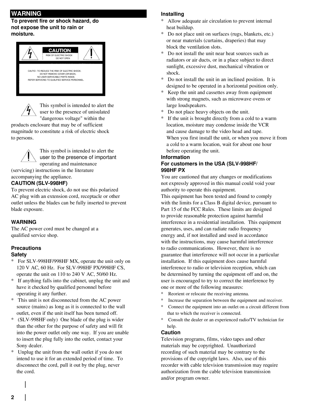 Sony CS SLV-998HF MX manual Precautions Safety, Installing, Information For customers in the USA SLV-998HF/ 998HF PX 