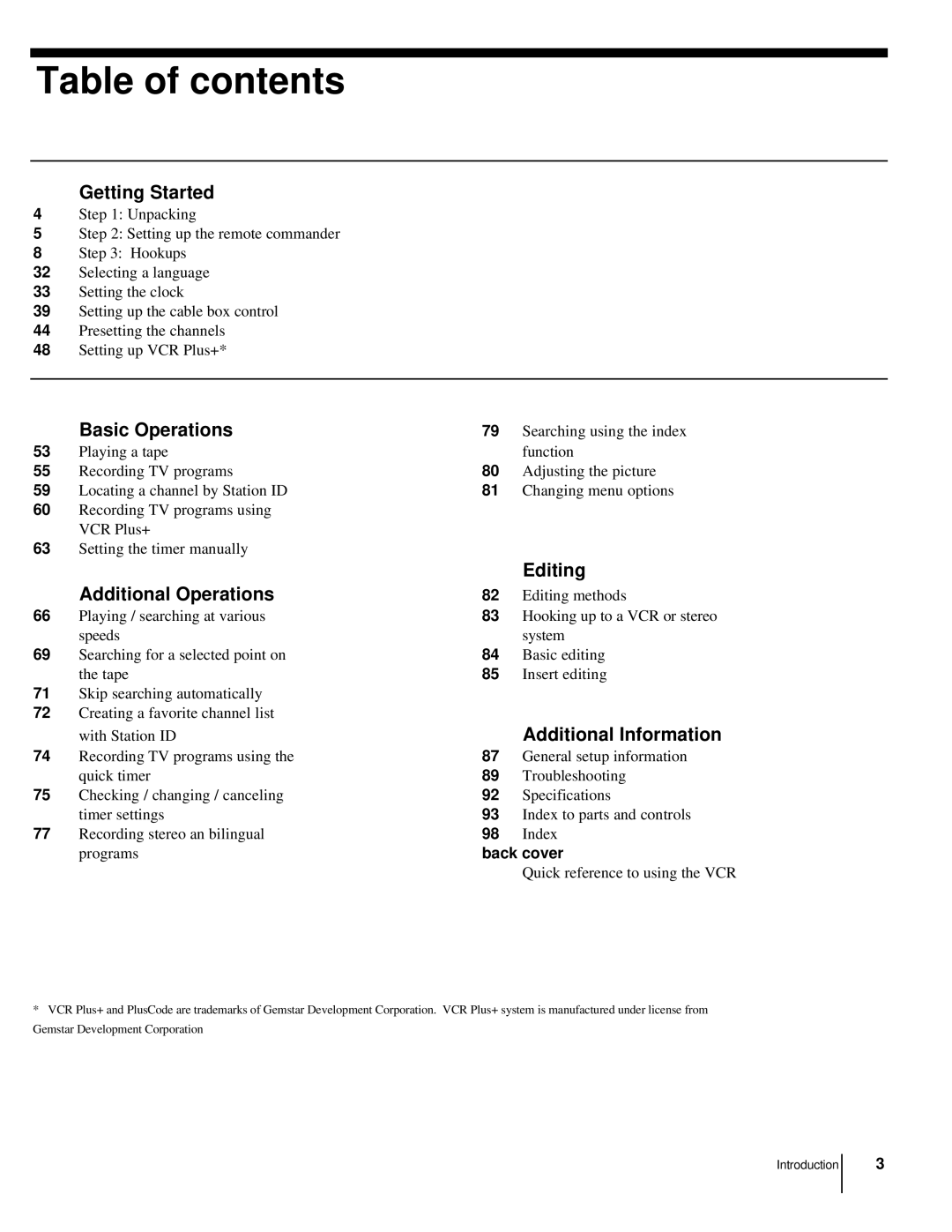 Sony CS SLV-998HF MX manual Table of contents 