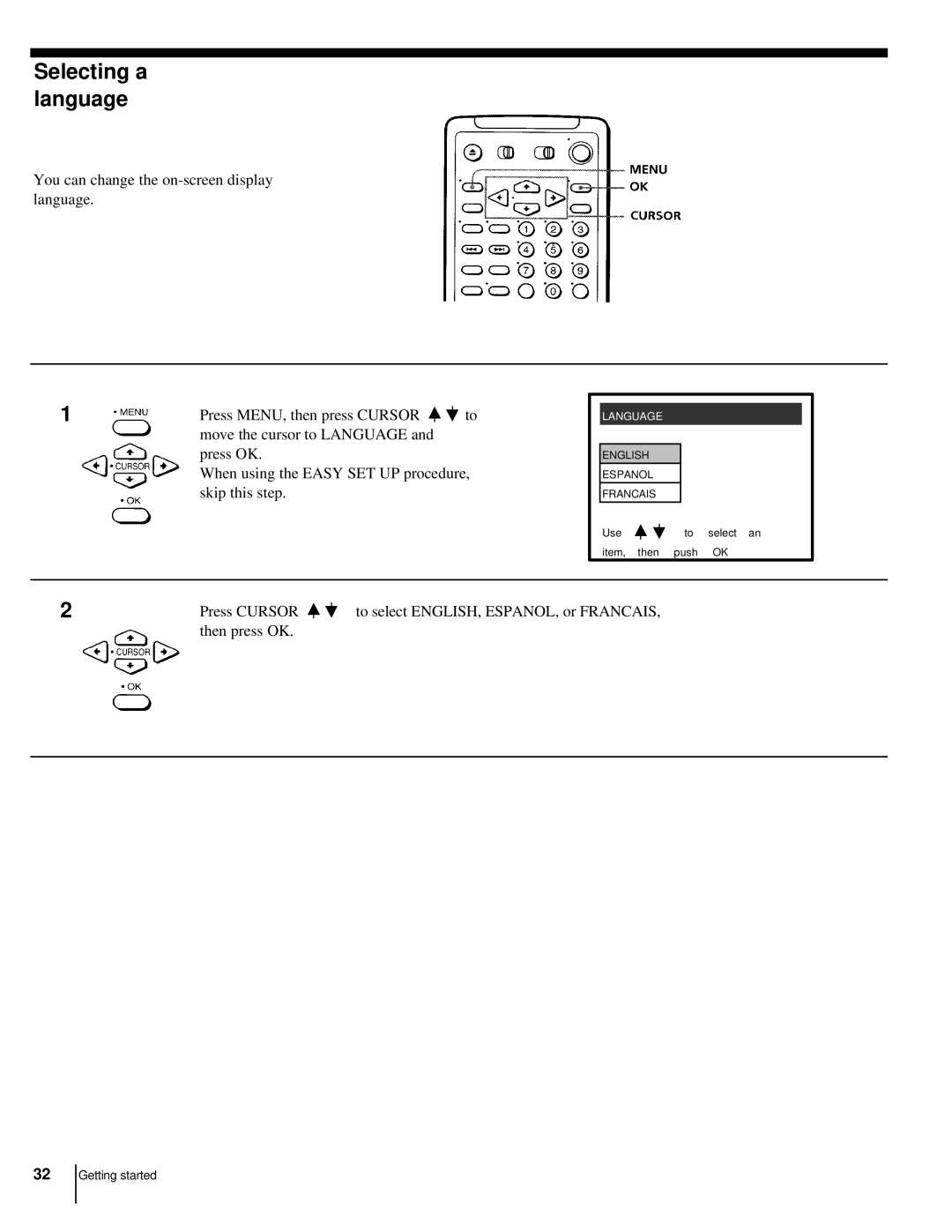 Sony CS SLV-998HF MX manual Selecting a language 